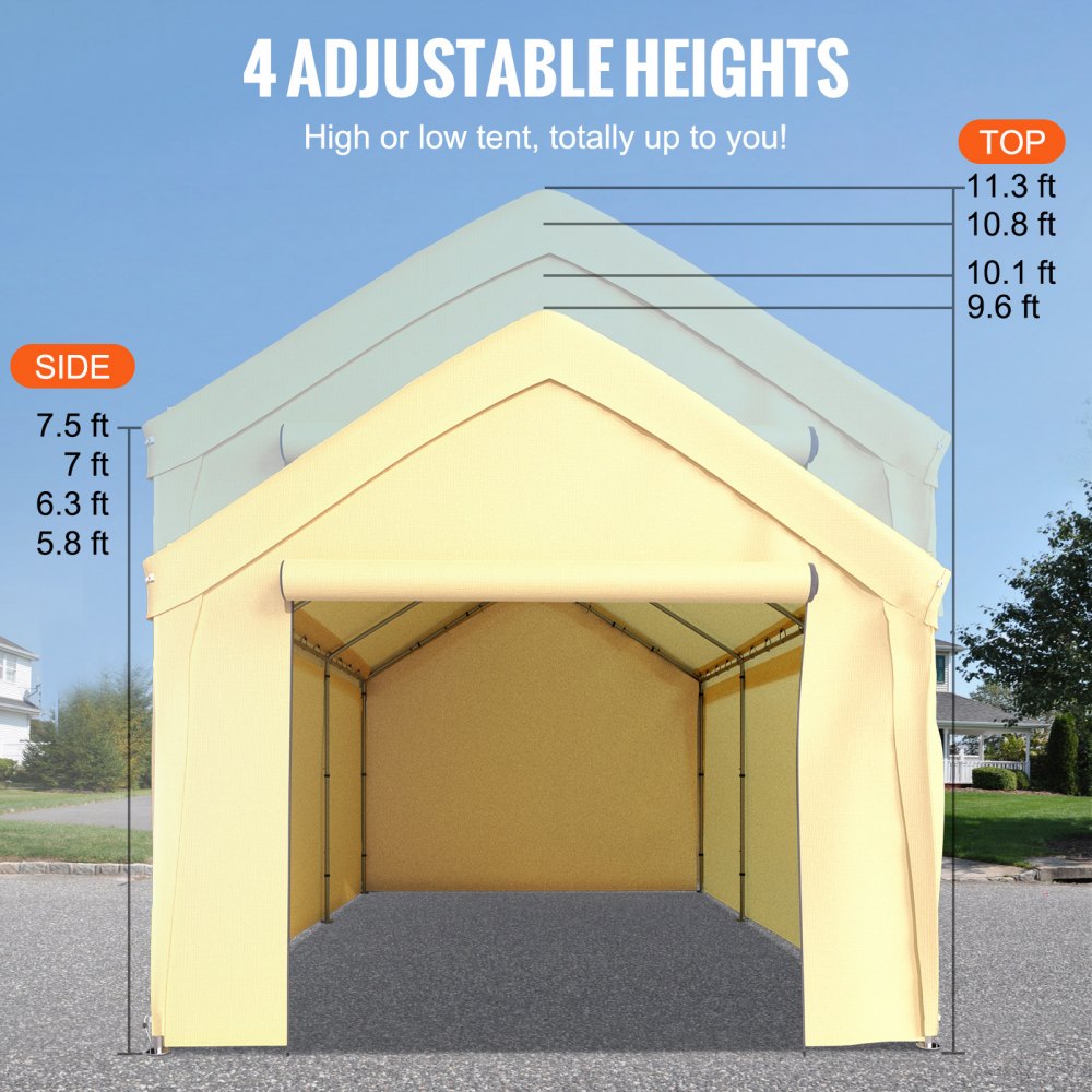 VEVOR Carpa Garaje para Coche 4x6 m Cochera Portátil Impermeable con 8 Postes y Pared Lateral Marco de Acero Galvanizado Carpa Pérgola Tela PE de 3 Capas Altura Ajustable 2,9-3,4 m para Barco Amarillo