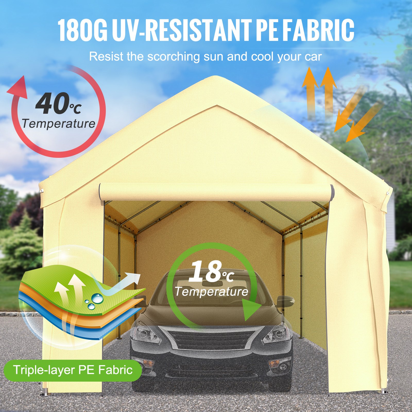 VEVOR Carpa Garaje para Coche 4x6 m Cochera Portátil Impermeable con 8 Postes y Pared Lateral Marco de Acero Galvanizado Carpa Pérgola Tela PE de 3 Capas Altura Ajustable 2,9-3,4 m para Barco Amarillo