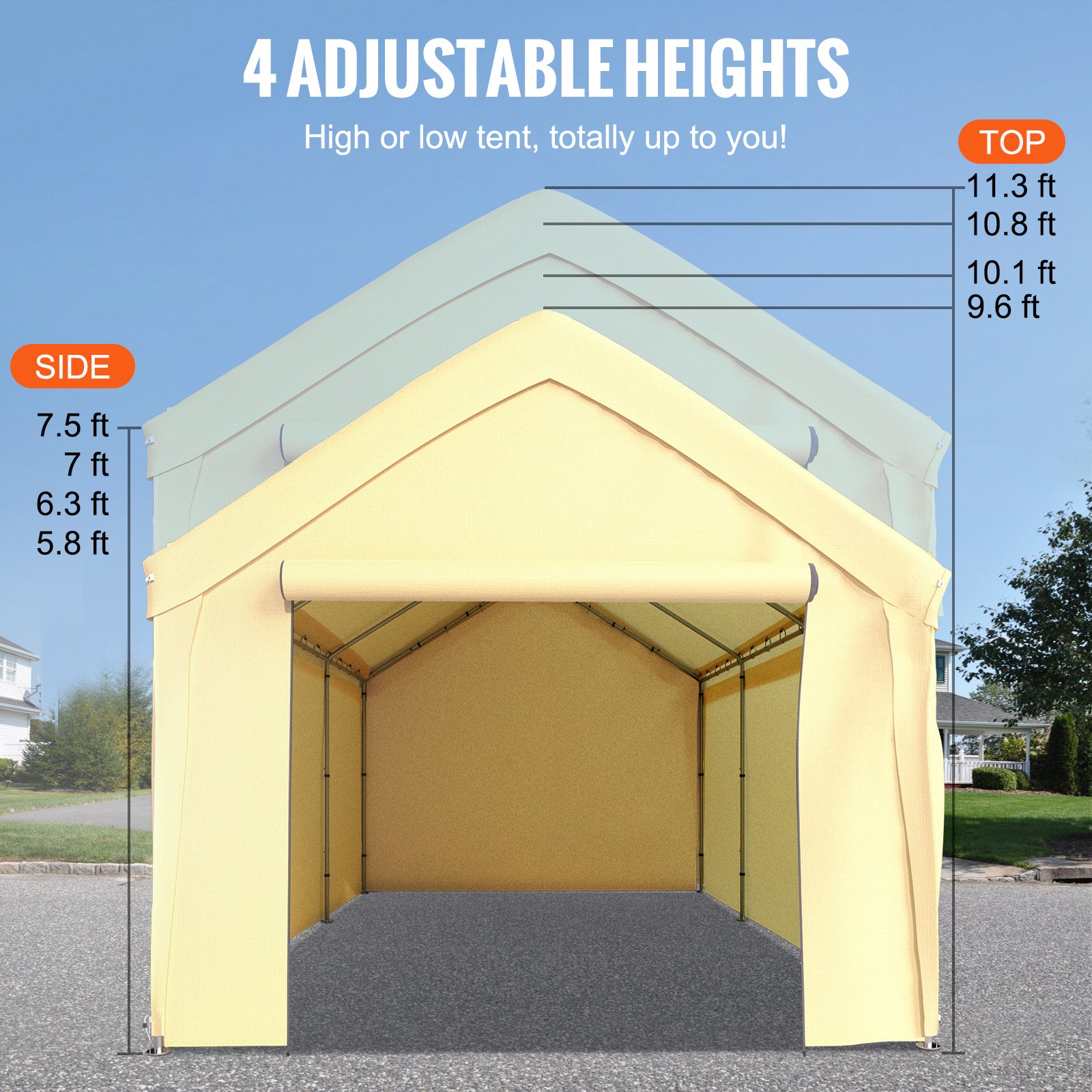 VEVOR Carpa Garaje para Coche 4x6 m Cochera Portátil Impermeable con 8 Postes y Pared Lateral Marco de Acero Galvanizado Carpa Pérgola Tela PE de 3 Capas Altura Ajustable 2,9-3,4 m para Barco Amarillo