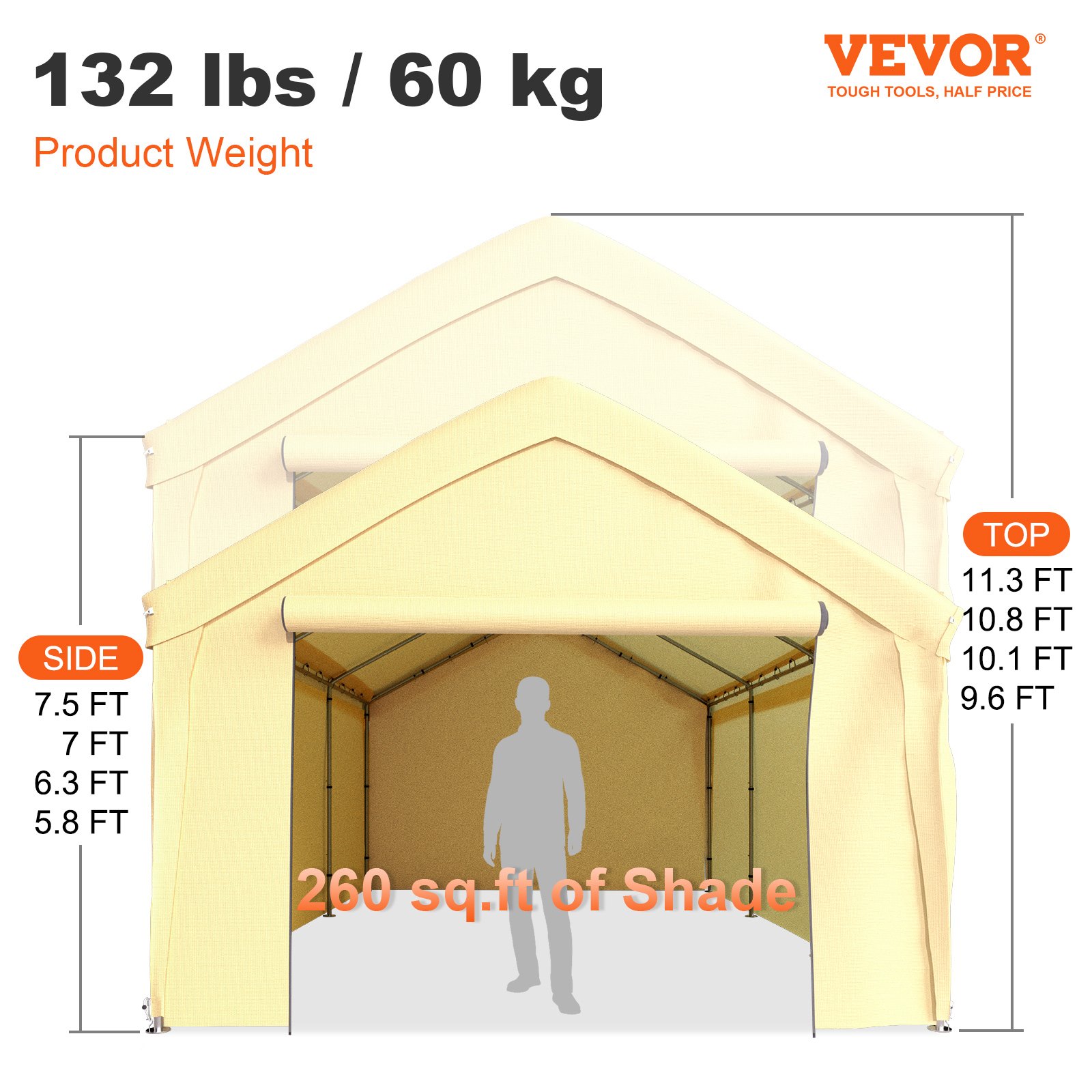 VEVOR Carpa Garaje para Coche 4x6 m Cochera Portátil Impermeable con 8 Postes y Pared Lateral Marco de Acero Galvanizado Carpa Pérgola Tela PE de 3 Capas Altura Ajustable 2,9-3,4 m para Barco Amarillo