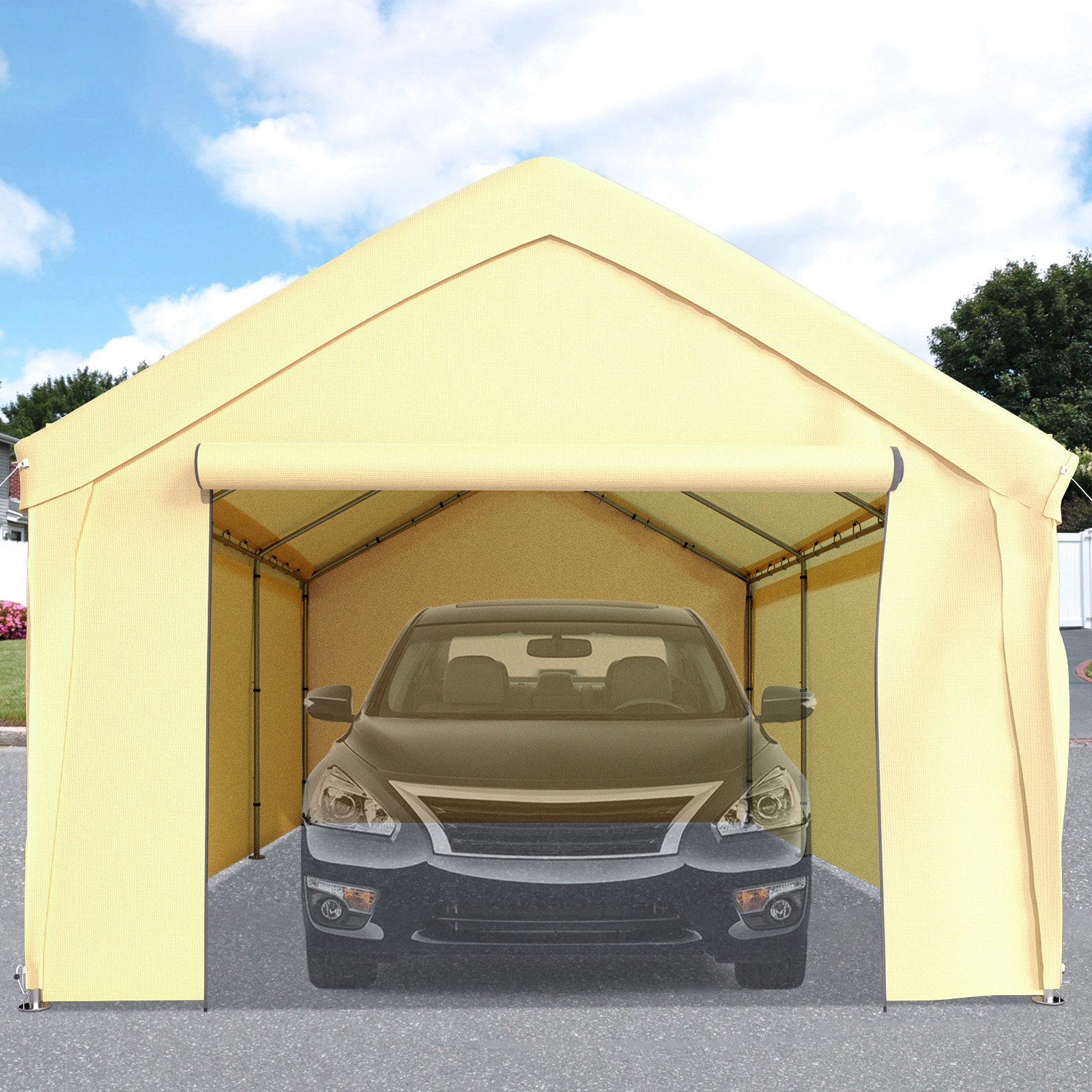 VEVOR Carpa Garaje para Coche 4x6 m Cochera Portátil Impermeable con 8 Postes y Pared Lateral Marco de Acero Galvanizado Carpa Pérgola Tela PE de 3 Capas Altura Ajustable 2,9-3,4 m para Barco Amarillo