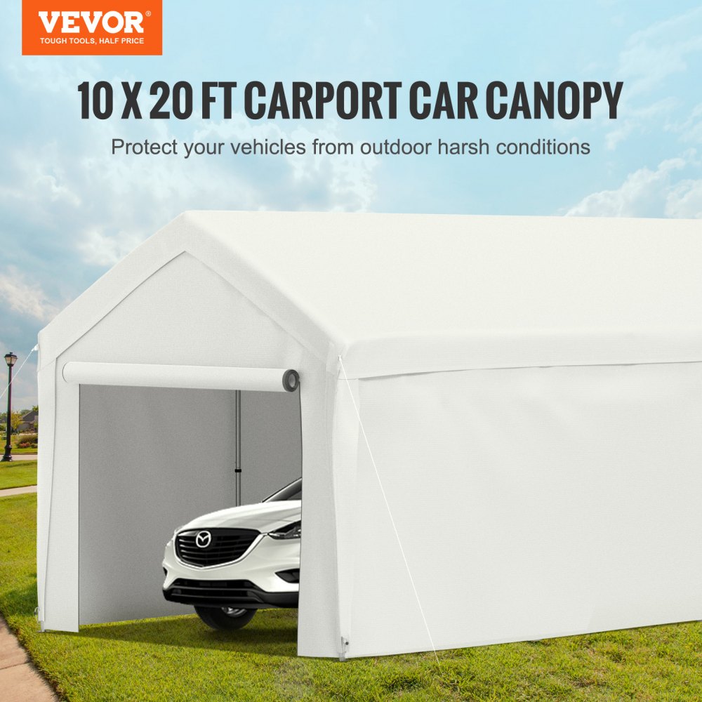 VEVOR Carpa Garaje para Coche 3x6 m Cochera Portátil Impermeable con 8 Postes y Paredes Laterales Marco de Acero Galvanizado Carpa Pérgola Tela PE de 3 Capas Altura Ajustable 2,5-3 m para Barco Blanco