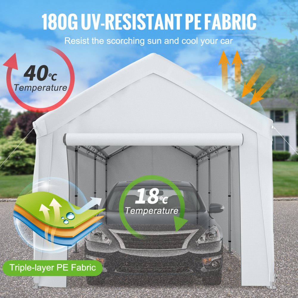 VEVOR Carpa Garaje para Coche 3x6 m Cochera Portátil Impermeable con 8 Postes y Paredes Laterales Marco de Acero Galvanizado Carpa Pérgola Tela PE de 3 Capas Altura Ajustable 2,5-3 m para Barco Blanco