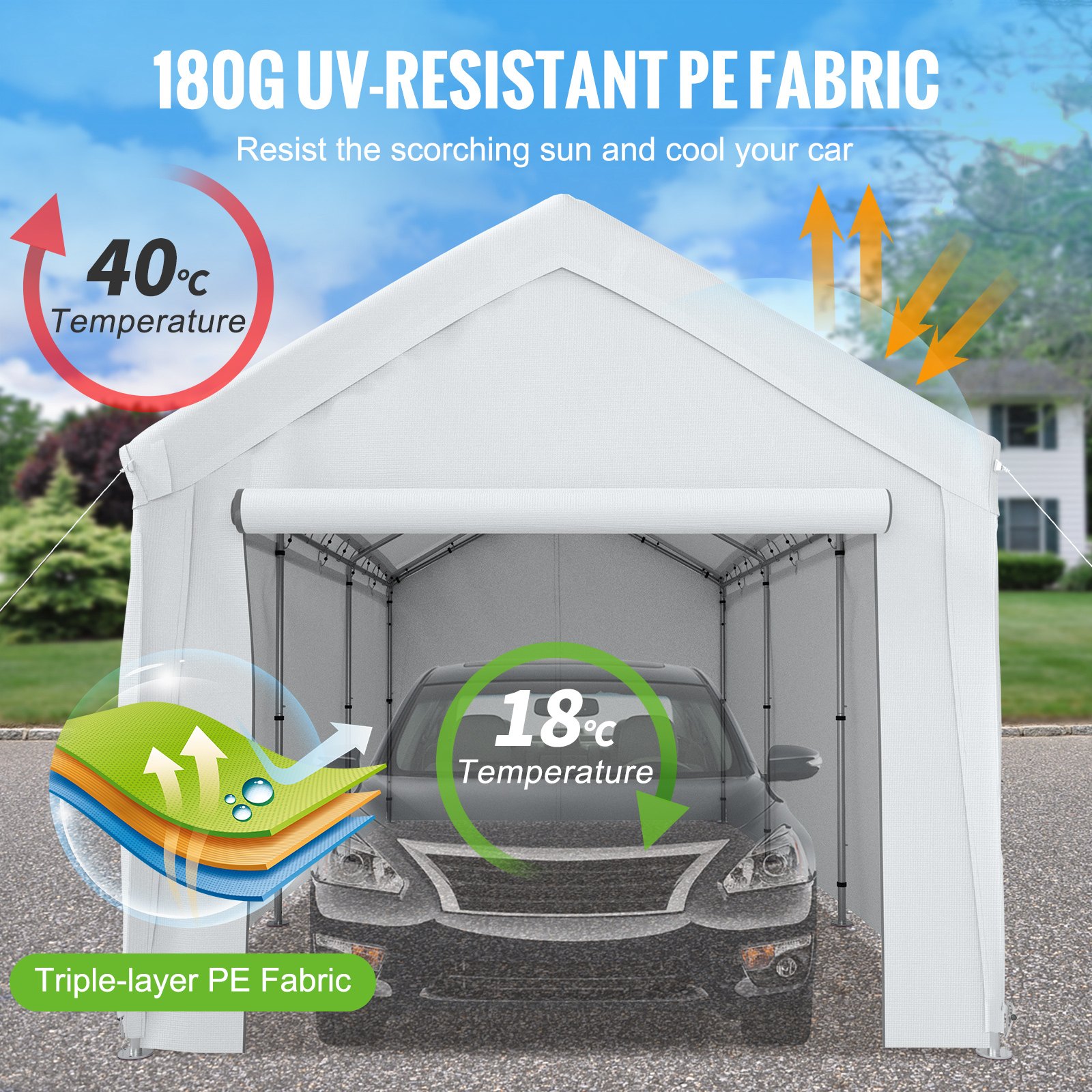 VEVOR Carpa Garaje para Coche 3x6 m Cochera Portátil Impermeable con 8 Postes y Paredes Laterales Marco de Acero Galvanizado Carpa Pérgola Tela PE de 3 Capas Altura Ajustable 2,5-3 m para Barco Blanco