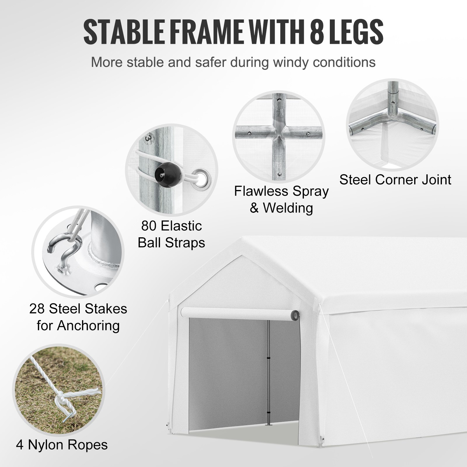 VEVOR Carpa Garaje para Coche 3x6 m Cochera Portátil Impermeable con 8 Postes y Paredes Laterales Marco de Acero Galvanizado Carpa Pérgola Tela PE de 3 Capas Altura Ajustable 2,5-3 m para Barco Blanco