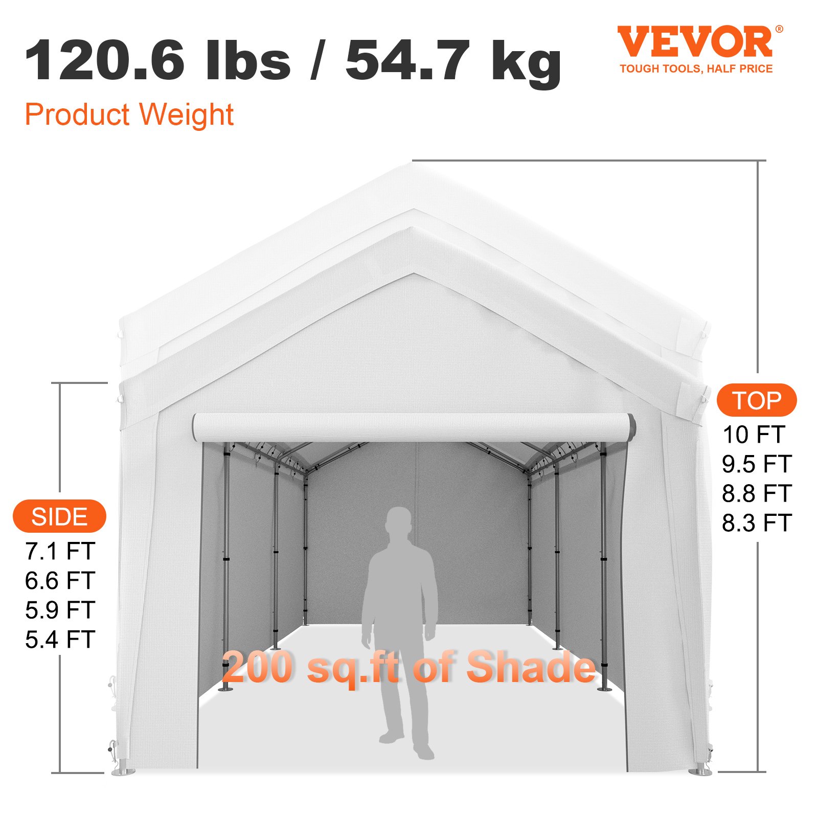 VEVOR Carpa Garaje para Coche 3x6 m Cochera Portátil Impermeable con 8 Postes y Paredes Laterales Marco de Acero Galvanizado Carpa Pérgola Tela PE de 3 Capas Altura Ajustable 2,5-3 m para Barco Blanco