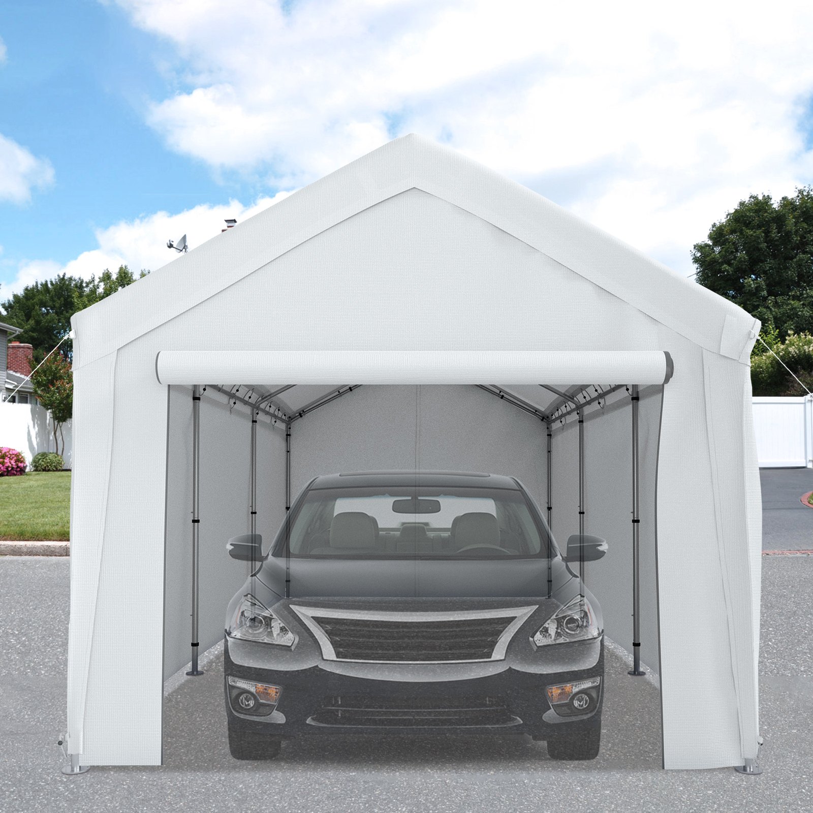 VEVOR Carpa Garaje para Coche 3x6 m Cochera Portátil Impermeable con 8 Postes y Paredes Laterales Marco de Acero Galvanizado Carpa Pérgola Tela PE de 3 Capas Altura Ajustable 2,5-3 m para Barco Blanco