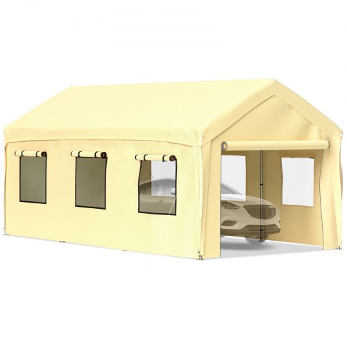 VEVOR Carpa Garaje para Coche 3x6 m Cochera Portátil Impermeable con 8 Postes Paredes Laterales y Ventanas Marco de Acero Carpa Pérgola Tela PE de 3 Capas Altura Ajustable 2,5-3 m para Barco Amarillo