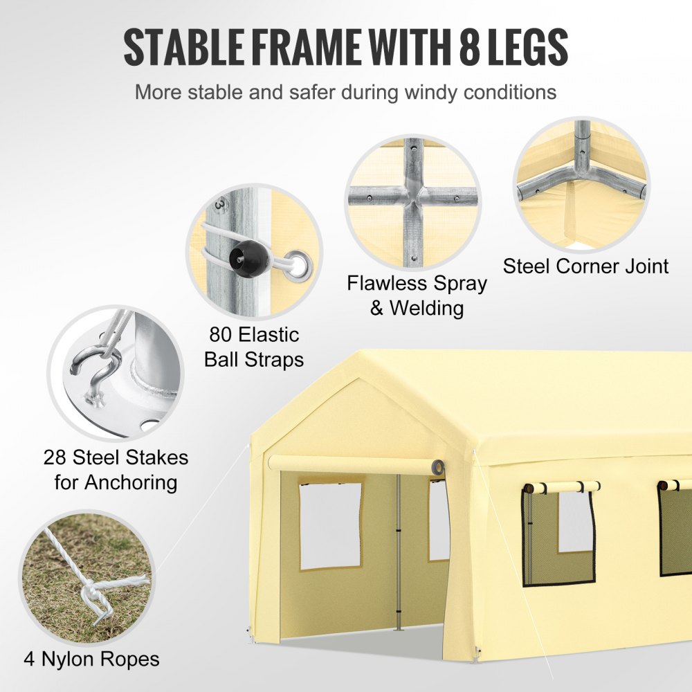 VEVOR Carpa Garaje para Coche 3x6 m Cochera Portátil Impermeable con 8 Postes Paredes Laterales y Ventanas Marco de Acero Carpa Pérgola Tela PE de 3 Capas Altura Ajustable 2,5-3 m para Barco Amarillo