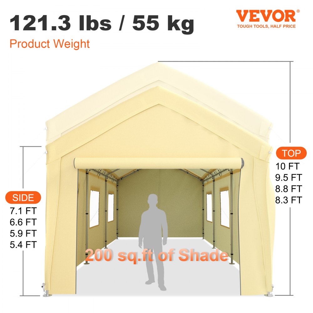 VEVOR Carpa Garaje para Coche 3x6 m Cochera Portátil Impermeable con 8 Postes Paredes Laterales y Ventanas Marco de Acero Carpa Pérgola Tela PE de 3 Capas Altura Ajustable 2,5-3 m para Barco Amarillo