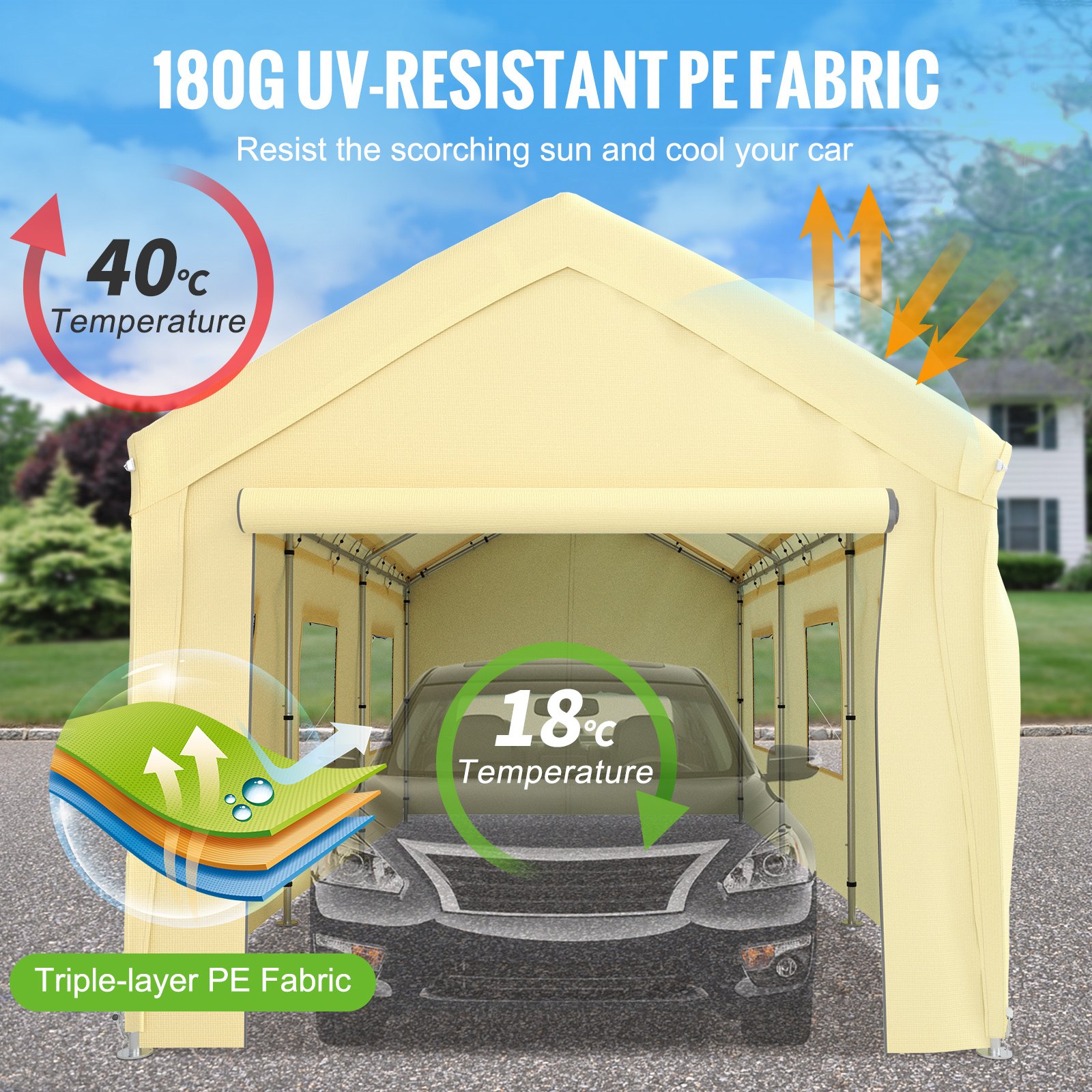 VEVOR Carpa Garaje para Coche 3x6 m Cochera Portátil Impermeable con 8 Postes Paredes Laterales y Ventanas Marco de Acero Carpa Pérgola Tela PE de 3 Capas Altura Ajustable 2,5-3 m para Barco Amarillo