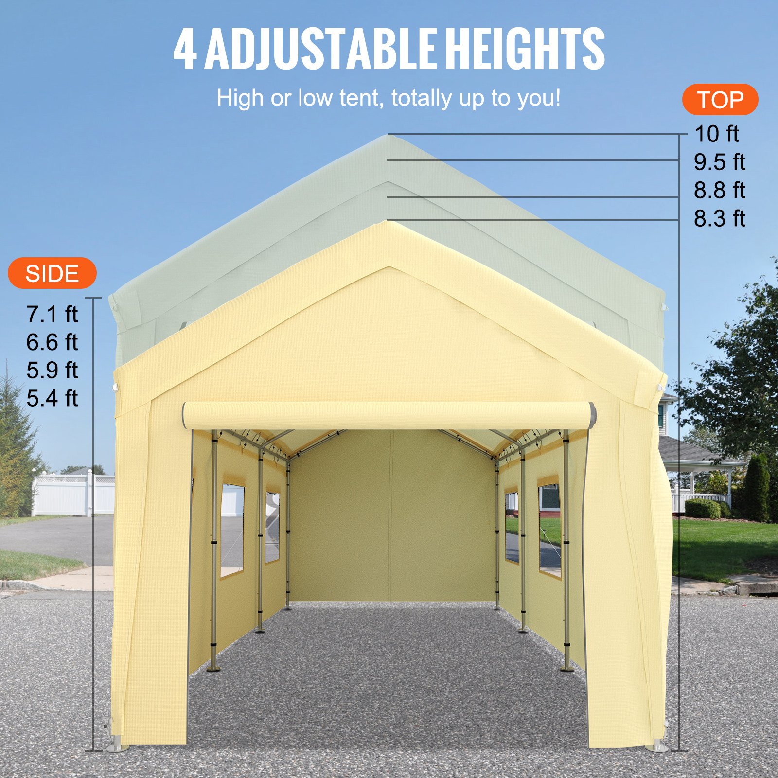 VEVOR Carpa Garaje para Coche 3x6 m Cochera Portátil Impermeable con 8 Postes Paredes Laterales y Ventanas Marco de Acero Carpa Pérgola Tela PE de 3 Capas Altura Ajustable 2,5-3 m para Barco Amarillo