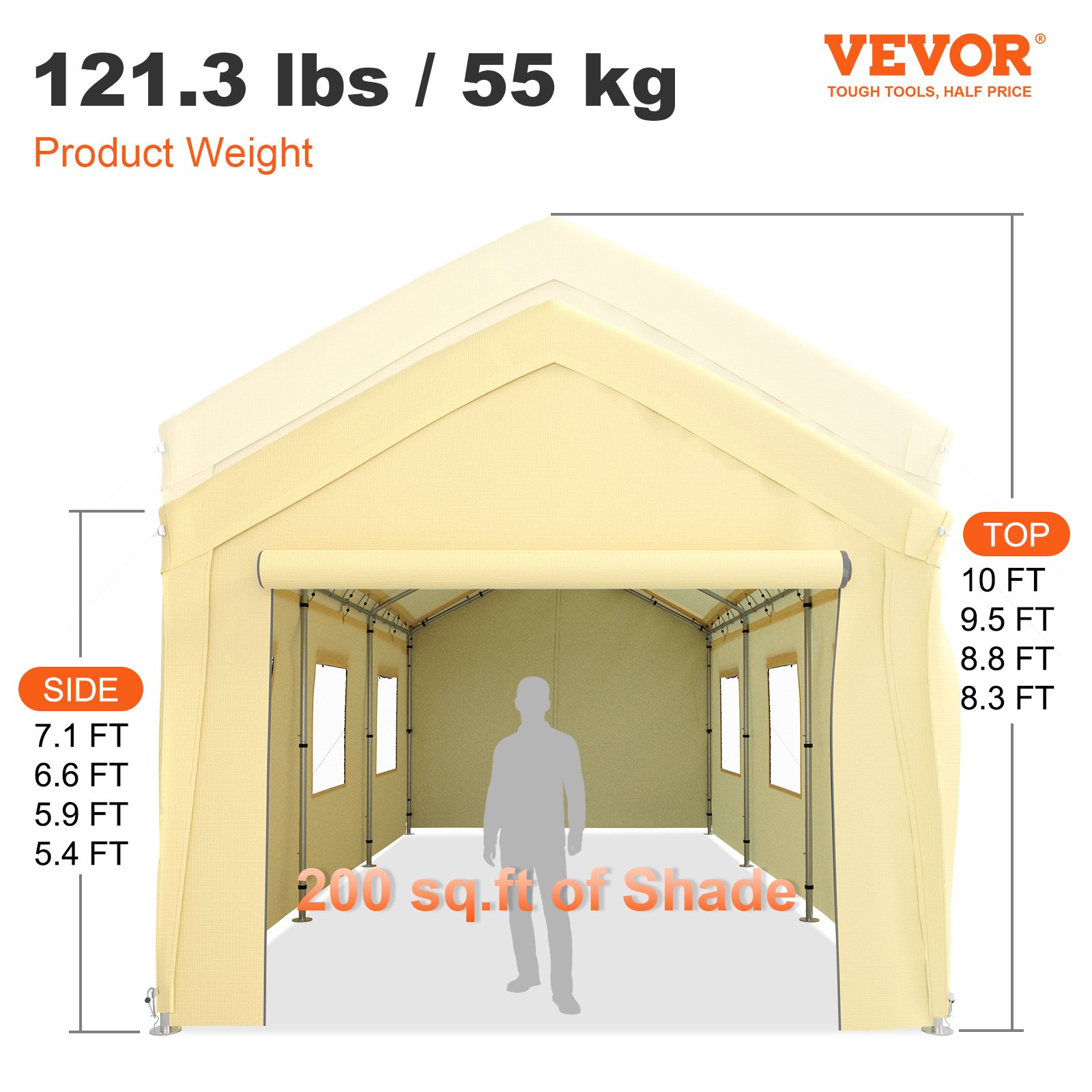 VEVOR Carpa Garaje para Coche 3x6 m Cochera Portátil Impermeable con 8 Postes Paredes Laterales y Ventanas Marco de Acero Carpa Pérgola Tela PE de 3 Capas Altura Ajustable 2,5-3 m para Barco Amarillo