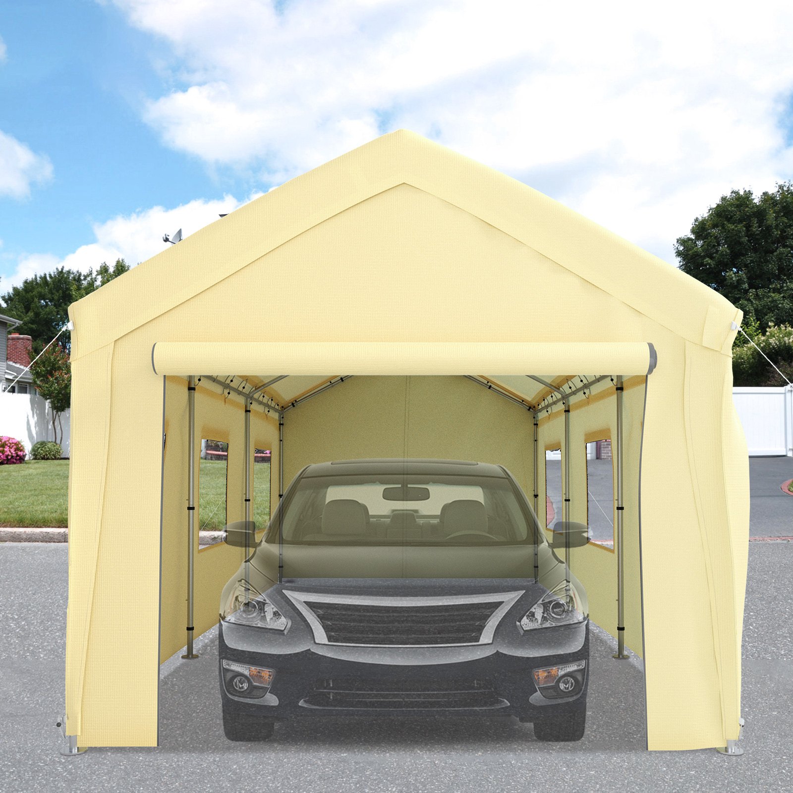 VEVOR Carpa Garaje para Coche 3x6 m Cochera Portátil Impermeable con 8 Postes Paredes Laterales y Ventanas Marco de Acero Carpa Pérgola Tela PE de 3 Capas Altura Ajustable 2,5-3 m para Barco Amarillo