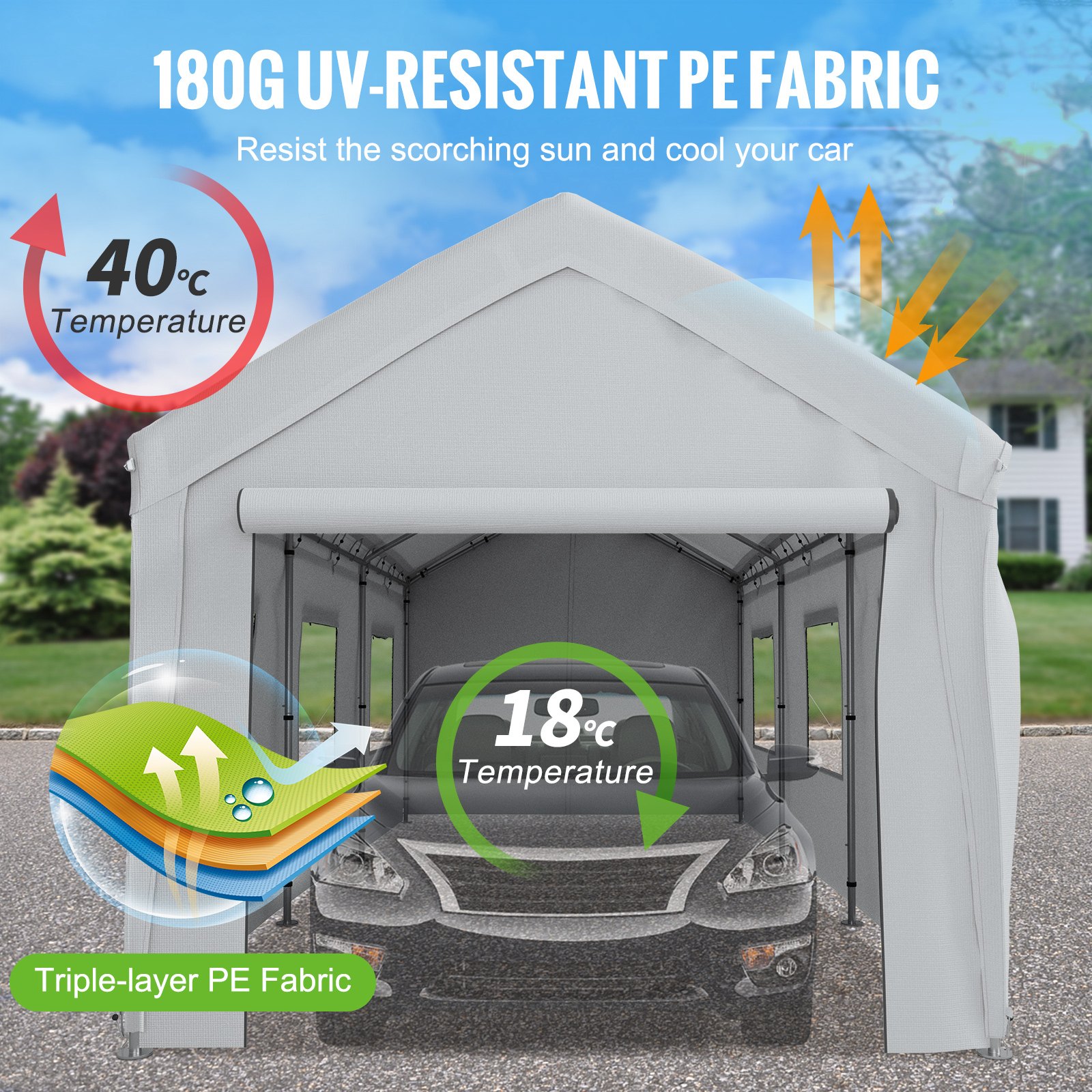 VEVOR Carpa Garaje para Coche 3 x 6 m Cochera Portátil Impermeable con 8 Postes Paredes Laterales y Ventanas Marco de Acero Carpa Pérgola Tela PE de 3 Capas Altura Ajustable 2,5-3 m para Barco Gris