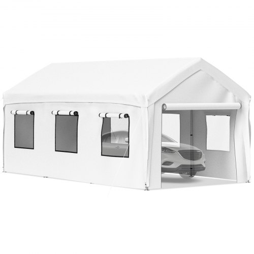 VEVOR Carpa Garaje para Coche 3 x 6 m Cochera Portátil Impermeable con 8 Postes Paredes Laterales y Ventanas Marco de Acero Carpa Pérgola Tela PE de 3 Capas Altura Ajustable 2,5-3 m para Barco Blanco