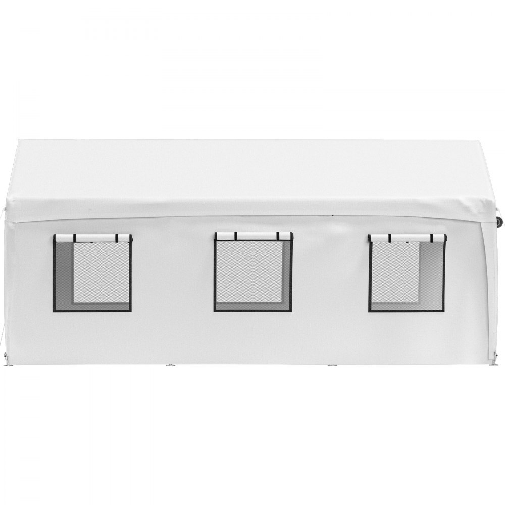 Marquesina para cochera VEVOR de color blanco con tres ventanas de ventilación rectangulares en el lateral.