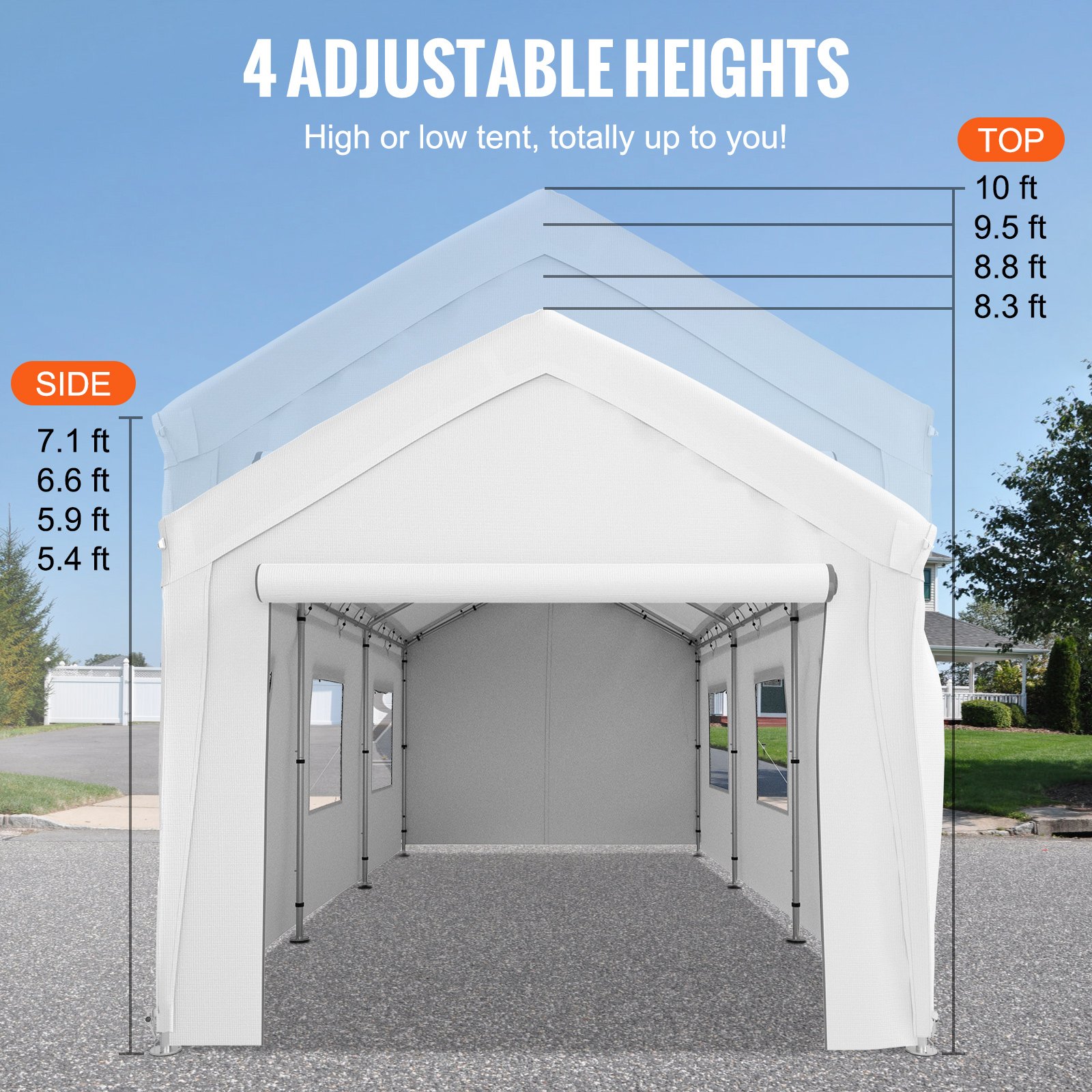 Marquesina para cochera VEVOR con 4 alturas ajustables desde 3 m hasta 1,6 m, versátil y resistente a la intemperie.
