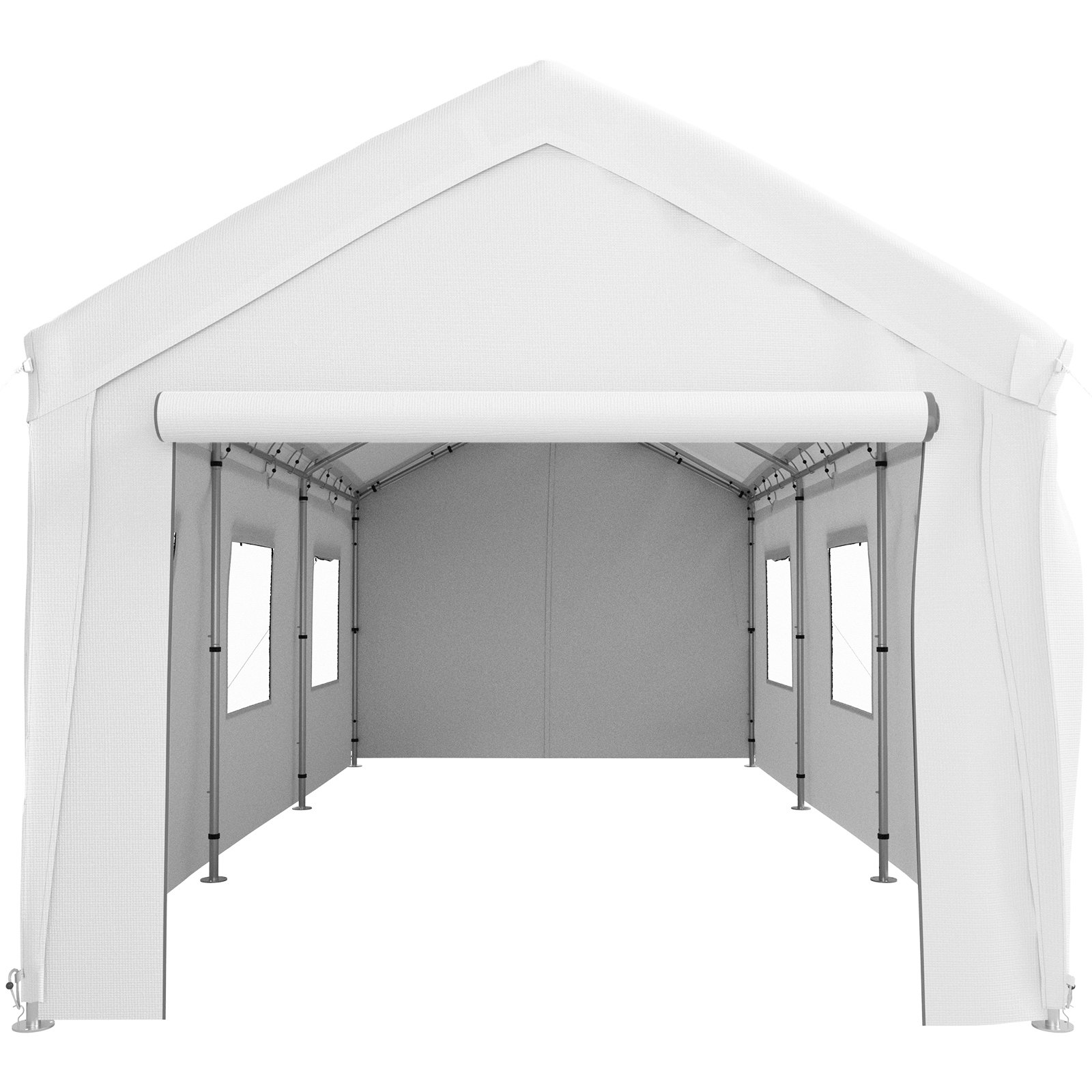 Marquesina para cochera VEVOR con cubierta blanca, frente abierto y marco de metal, con ventanas laterales.