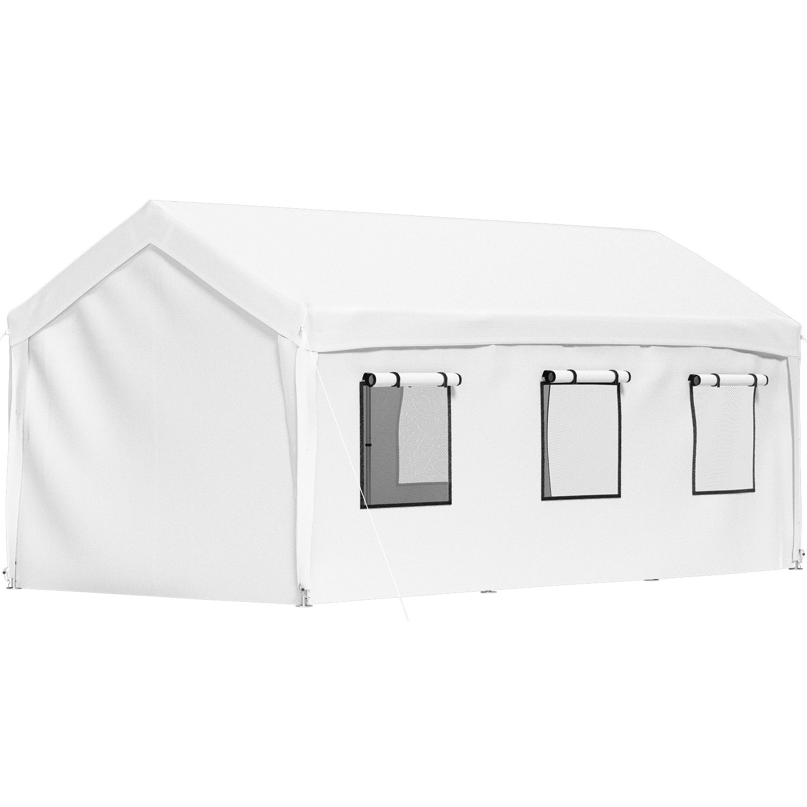Marquesina para cochera VEVOR con ventanas enrollables y cubierta blanca duradera.