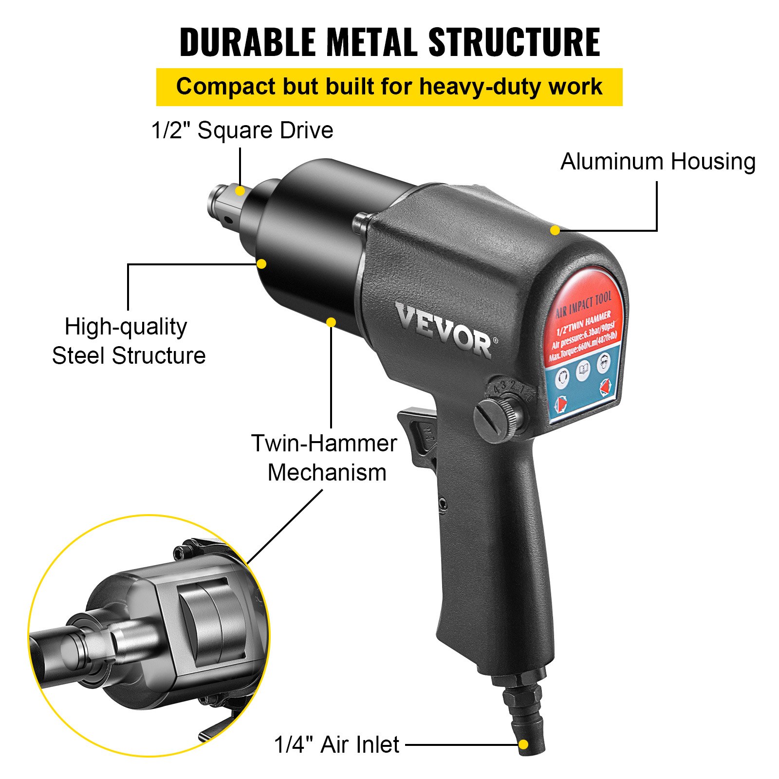 VEVOR Llave de Impacto Pistola de Clavos 660 Nm 7500 rpm Taladro Atornillador Impulsor Cuadrado 12,7 mm Atornillador Impacto para Motocicletas