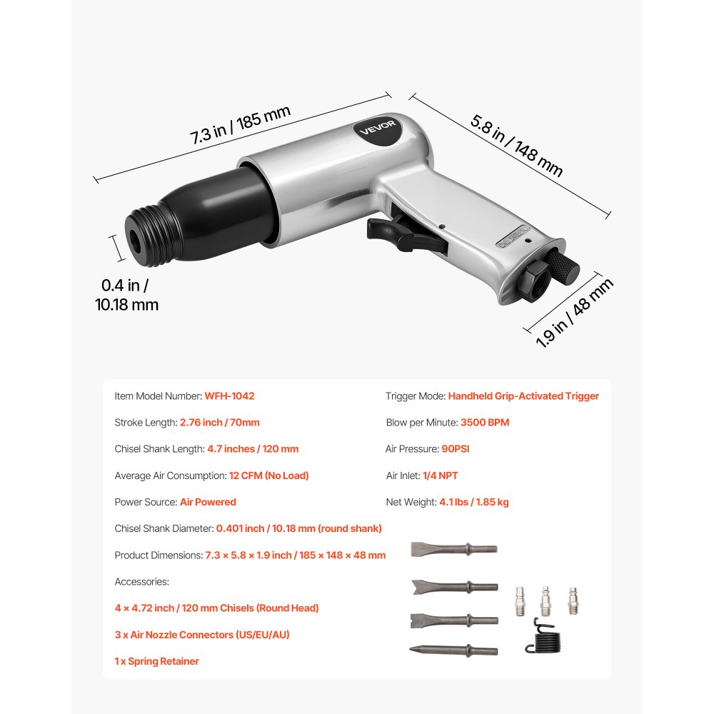 VEVOR Martillo Neumático de 3500 BPM Carrera de 70 mm con 4 Cinceles de Barril Largo de 170 mm Vástago Redondo Martillo de Cincel de Aire Herramienta de Pala Neumática para Cortar, Raspar, Demoler