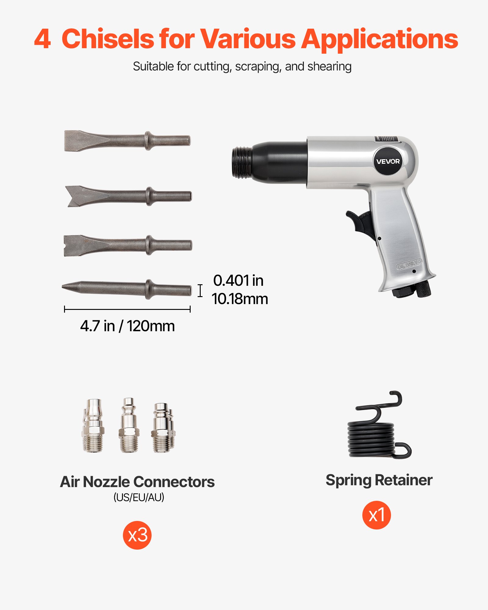 VEVOR Martillo Neumático de 3500 BPM Carrera de 70 mm con 4 Cinceles de Barril Largo de 170 mm Vástago Redondo Martillo de Cincel de Aire Herramienta de Pala Neumática para Cortar, Raspar, Demoler