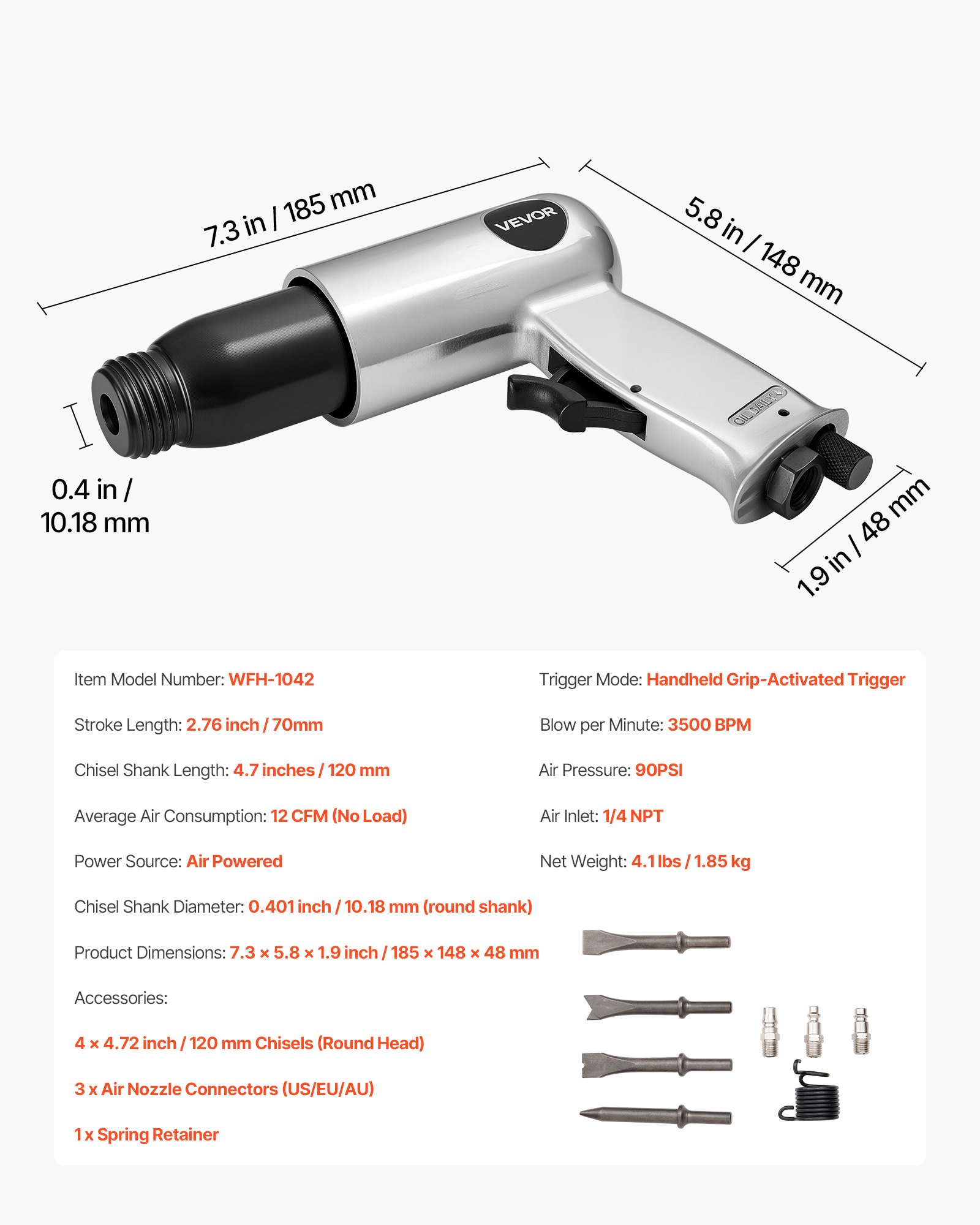 VEVOR Martillo Neumático de 3500 BPM Carrera de 70 mm con 4 Cinceles de Barril Largo de 170 mm Vástago Redondo Martillo de Cincel de Aire Herramienta de Pala Neumática para Cortar, Raspar, Demoler