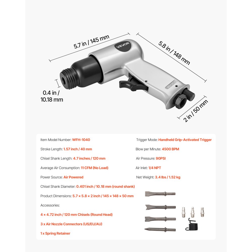 VEVOR Martillo Neumático de 4500 BPM Carrera de 40 mm con 4 Cinceles de Barril Largo de 140 mm Vástago Redondo Martillo de Cincel de Aire Herramienta de Pala Neumática para Cortar, Raspar, Demoler