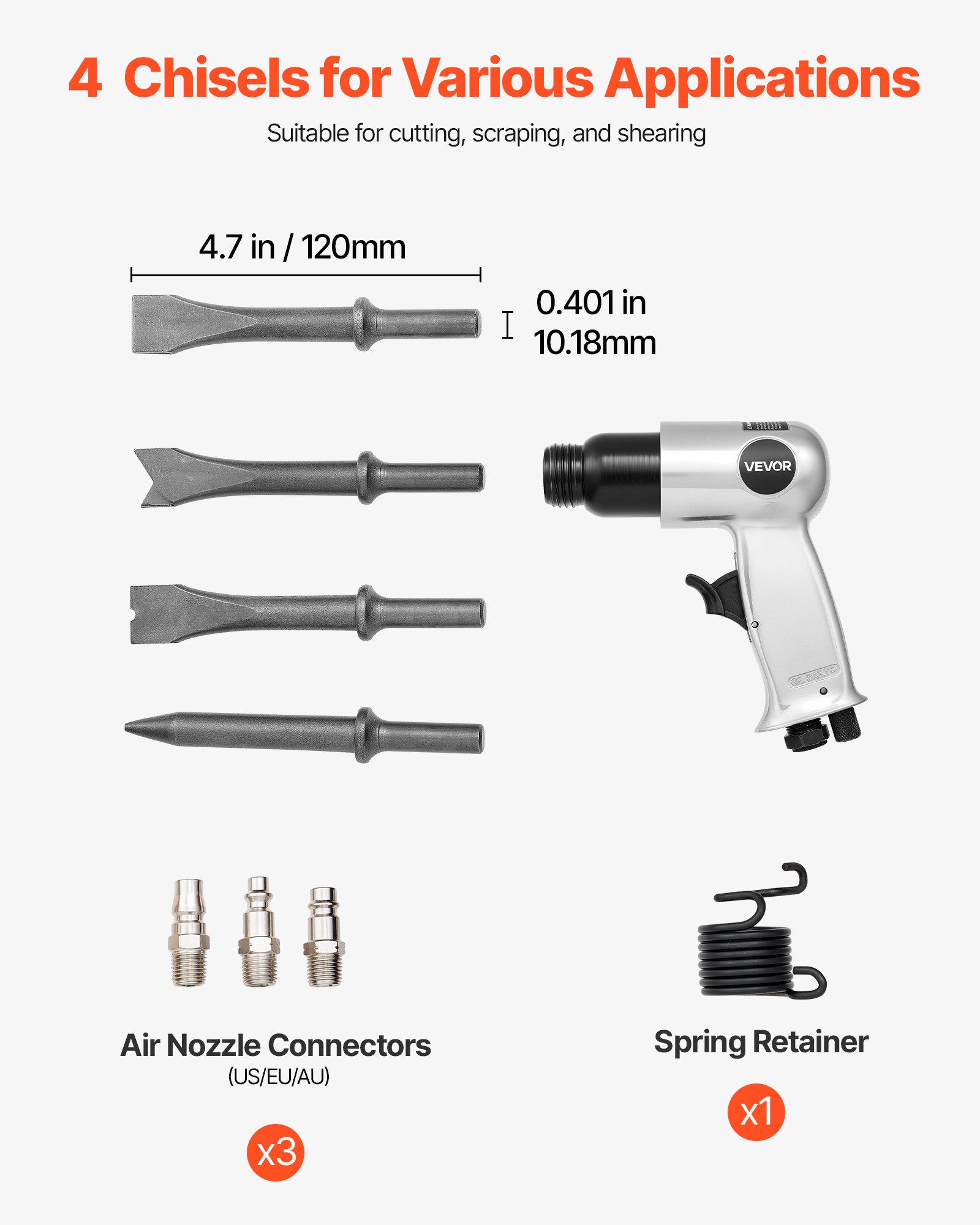VEVOR Martillo Neumático de 4500 BPM Carrera de 40 mm con 4 Cinceles de Barril Largo de 140 mm Vástago Redondo Martillo de Cincel de Aire Herramienta de Pala Neumática para Cortar, Raspar, Demoler
