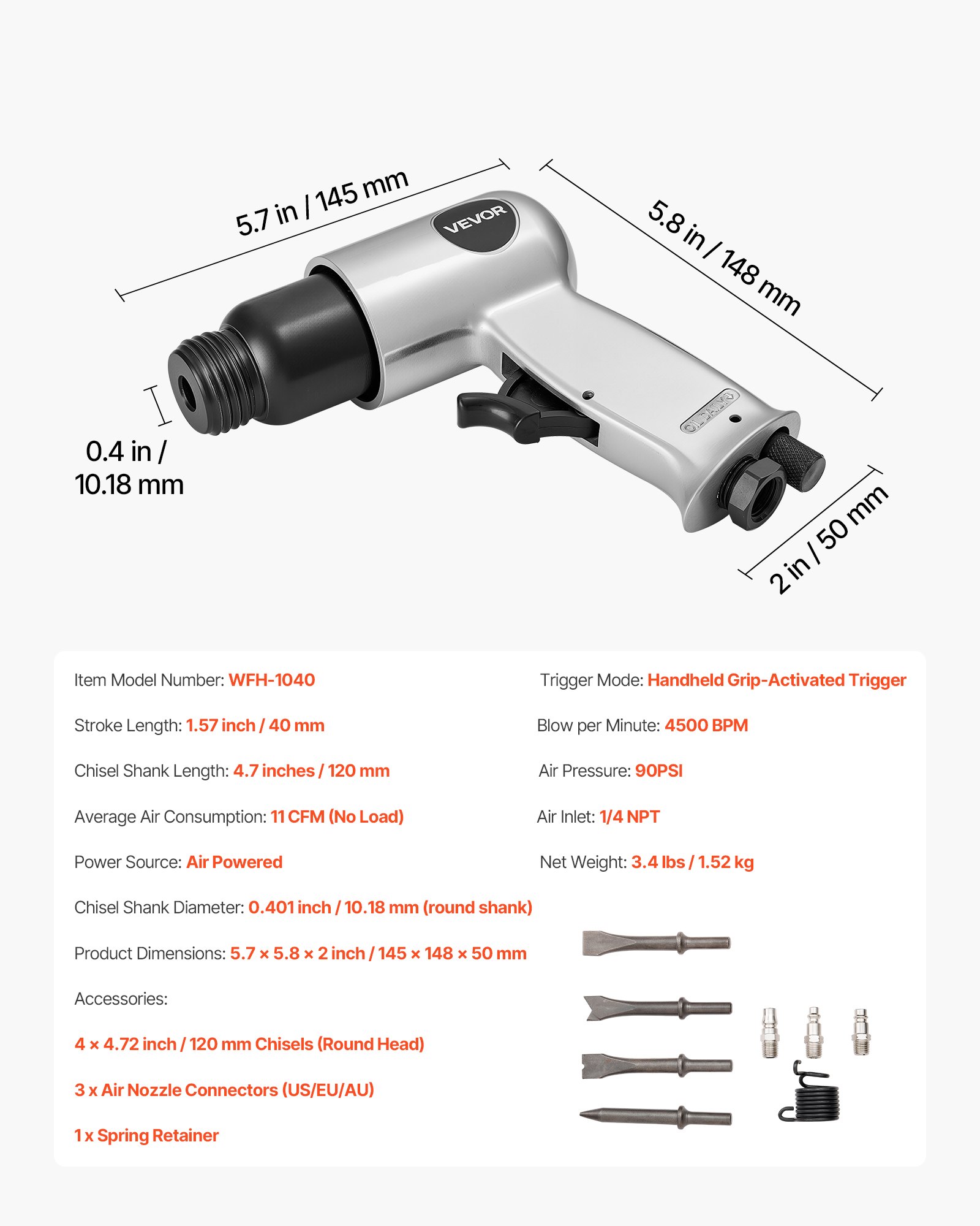 VEVOR Martillo Neumático de 4500 BPM Carrera de 40 mm con 4 Cinceles de Barril Largo de 140 mm Vástago Redondo Martillo de Cincel de Aire Herramienta de Pala Neumática para Cortar, Raspar, Demoler