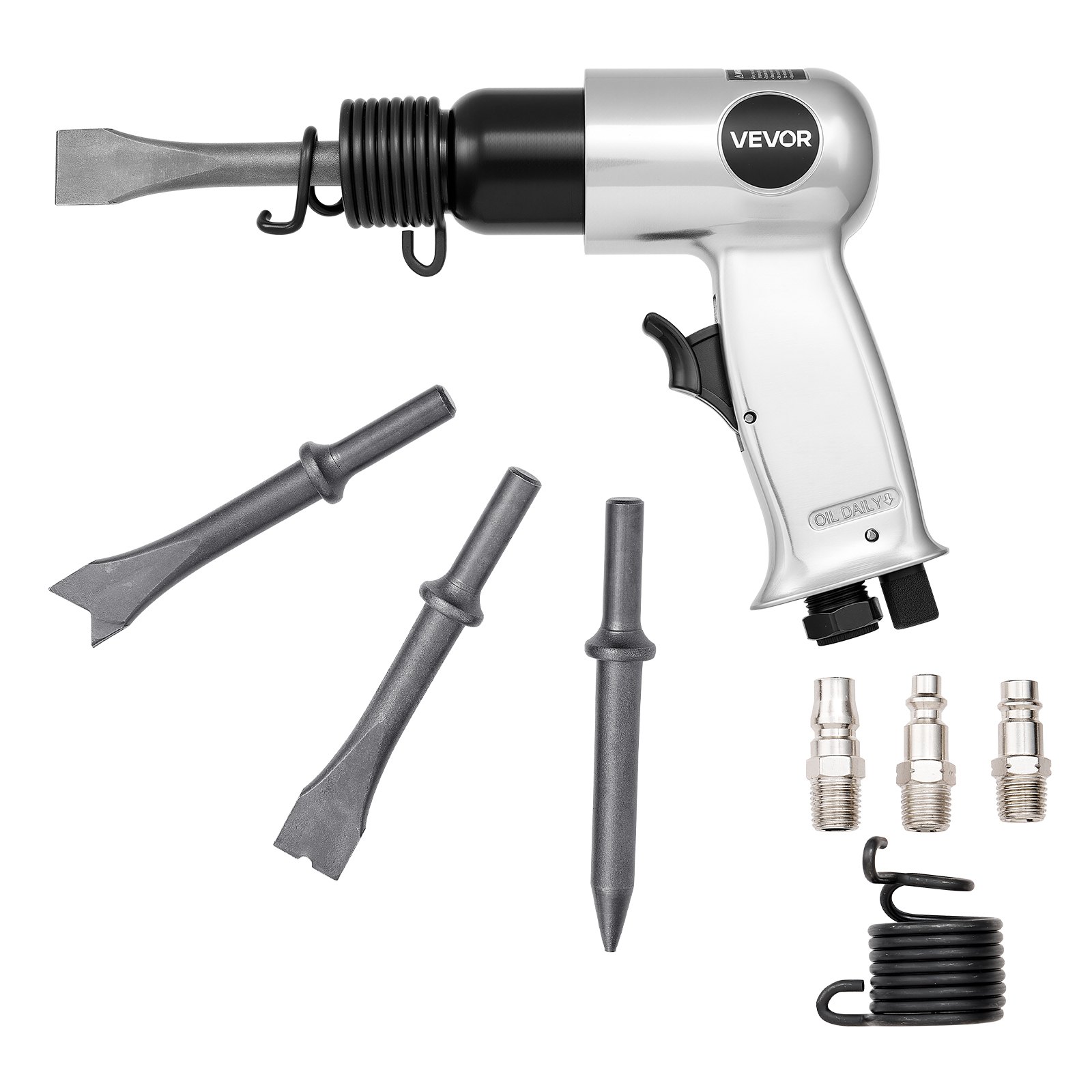 VEVOR Martillo Neumático de 4500 BPM Carrera de 40 mm con 4 Cinceles de Barril Largo de 140 mm Vástago Redondo Martillo de Cincel de Aire Herramienta de Pala Neumática para Cortar, Raspar, Demoler