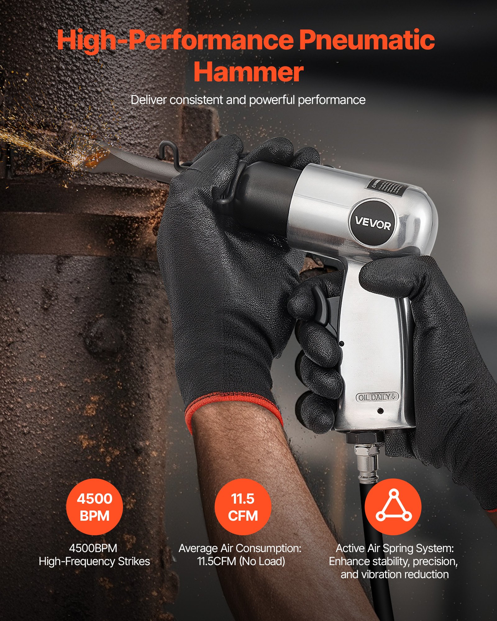 VEVOR Air Hammer, 4500BPM Pneumatic Hammer with Rust Removal Air Needle Scaler & 4PCS Chisels Round Shank, Lightweight & Compact Air Chisel Pneumatic Shovel Tool for Cutting Scraping Demolishing