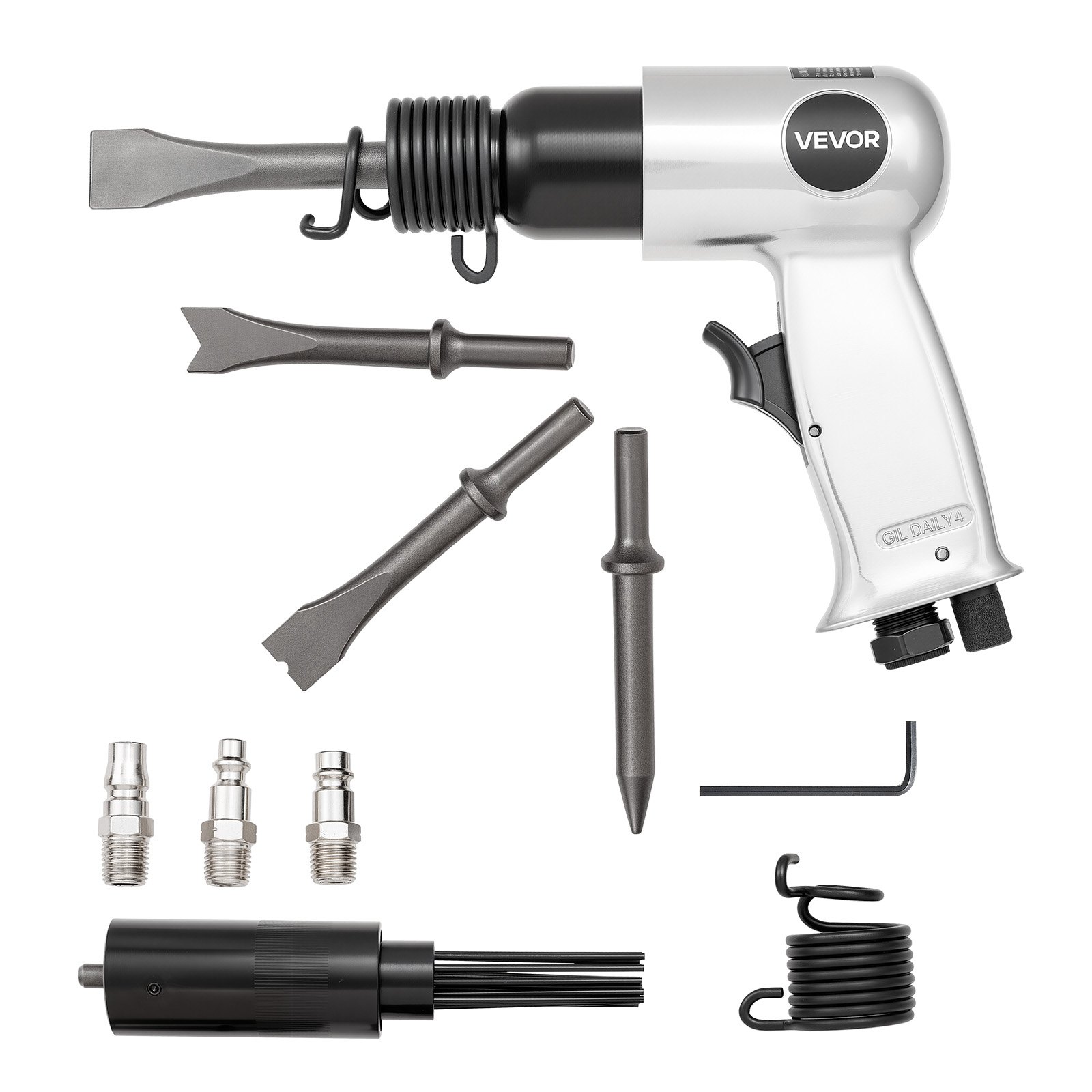 VEVOR Martillo Neumático de 4500 BPM Carrera de 40 mm con Raspador de Aguja 4 Cinceles de Barril Largo de 120 mm Martillo de Cincel de Aire Herramienta de Pala Neumática para Cortar, Raspar, Demoler