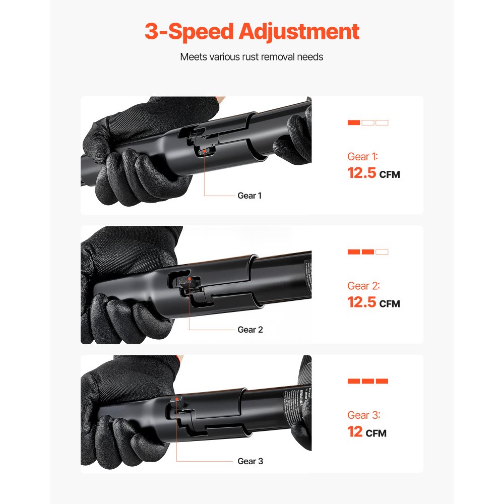 VEVOR Escarificador de Aguja de Aire de 3400 BPM para Eliminar Pintura Oxidada con Ajuste de 3 Velocidades, 19 Agujas Endurecidas, 3 Conectores de Boquilla de Aire, Compacto, con Agarre Ergonómico