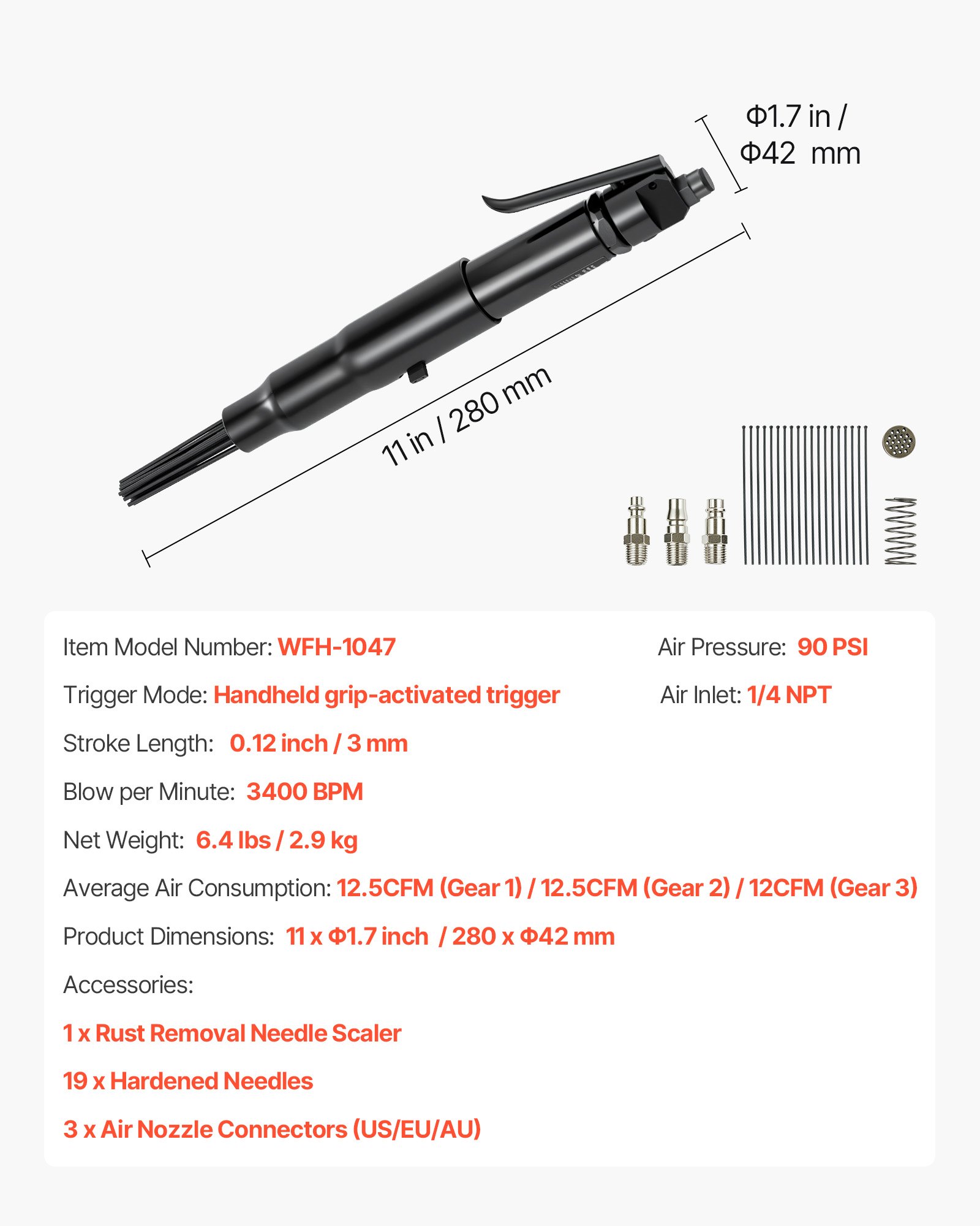 VEVOR Escarificador de Aguja de Aire de 3400 BPM para Eliminar Pintura Oxidada con Ajuste de 3 Velocidades, 19 Agujas Endurecidas, 3 Conectores de Boquilla de Aire, Compacto, con Agarre Ergonómico