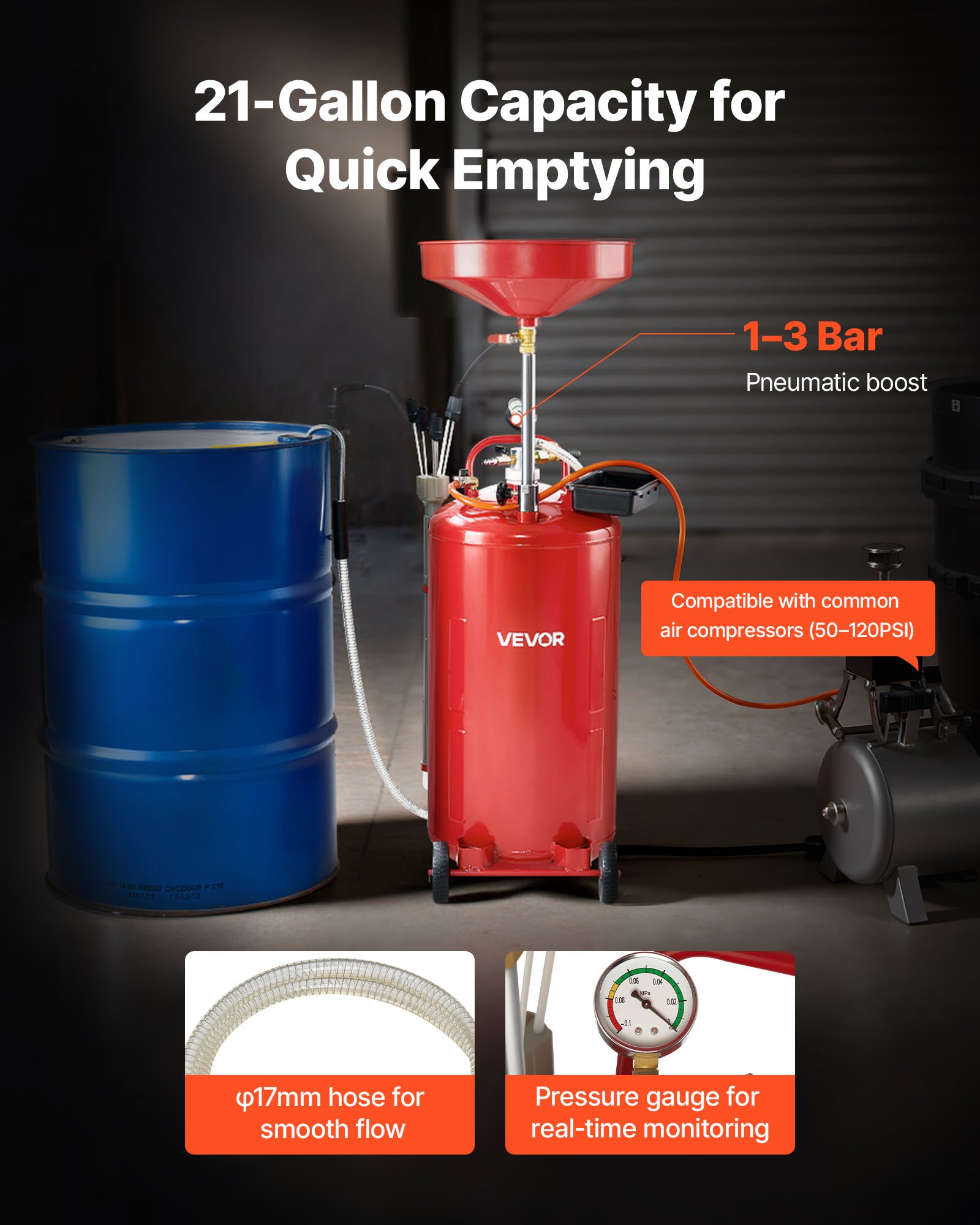 VEVOR Tanque de Drenaje de Aceite Usado, Drenaje de Aceite Portátil Neumático de 79,5 L con Embudo Ajustable y Ruedas, Drenaje de Combustible Líquido para Taller de Reparación de Automóviles, Rojo