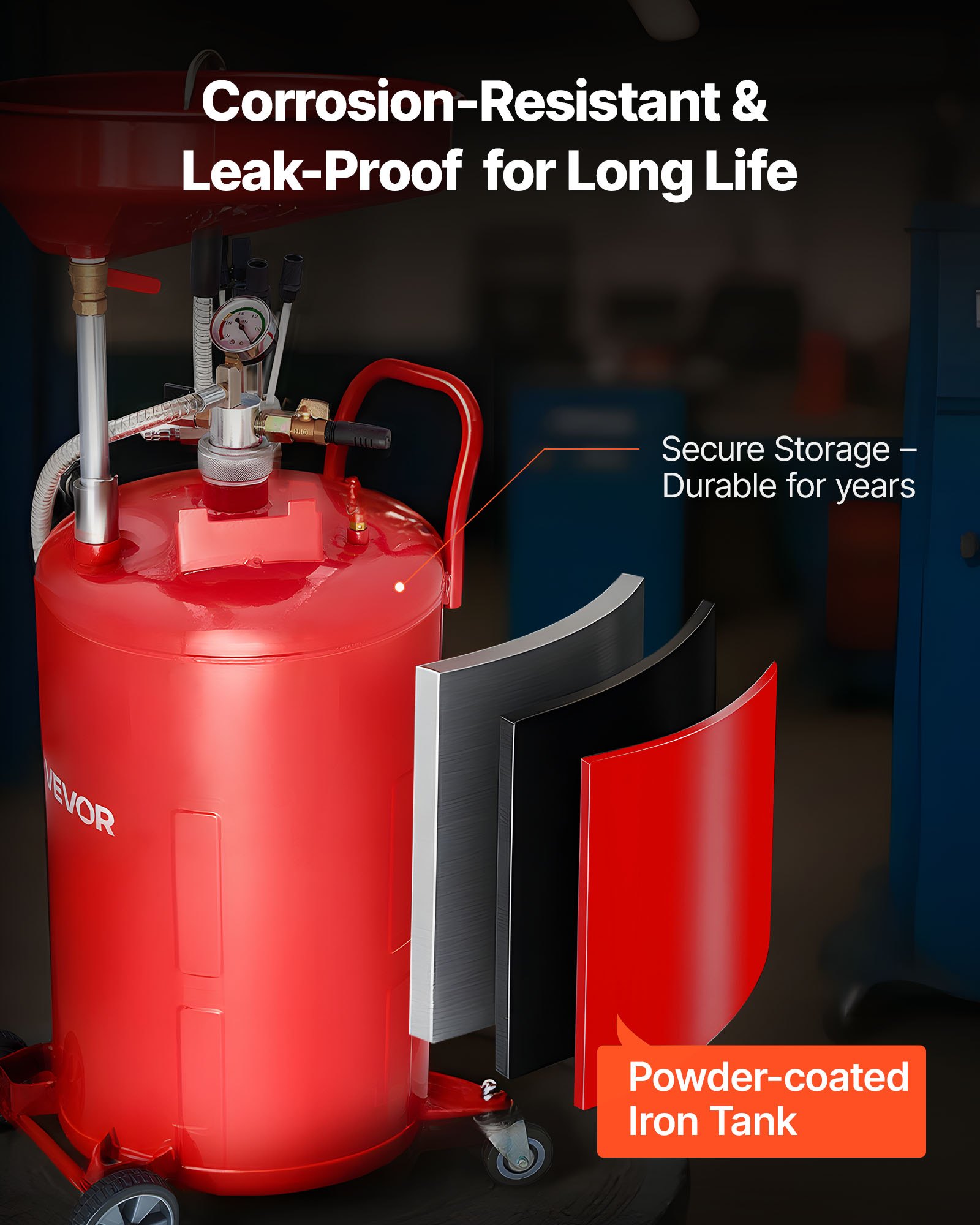 VEVOR Tanque de Drenaje de Aceite Usado, Drenaje de Aceite Portátil Neumático de 79,5 L con Embudo Ajustable y Ruedas, Drenaje de Combustible Líquido para Taller de Reparación de Automóviles, Rojo