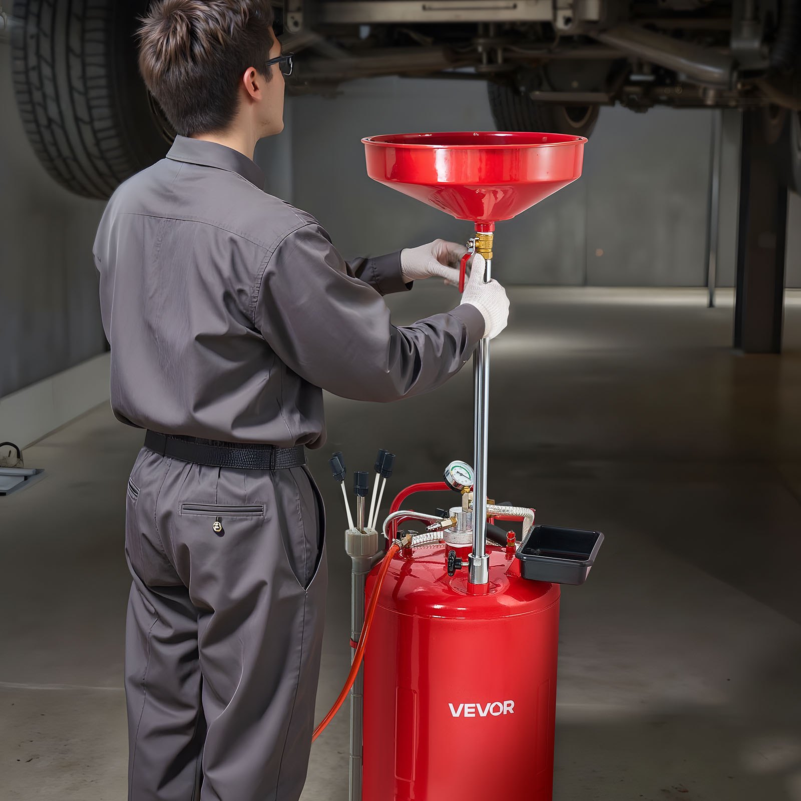 VEVOR Tanque de Drenaje de Aceite Usado, Drenaje de Aceite Portátil Neumático de 79,5 L con Embudo Ajustable y Ruedas, Drenaje de Combustible Líquido para Taller de Reparación de Automóviles, Rojo