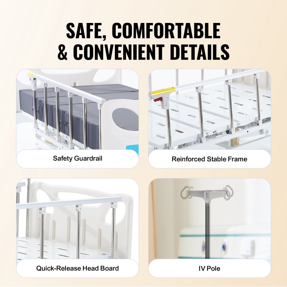 VEVOR Premium fully electric 3-function hospital bed, electric medical intensive care bed with mattress and IV stand, hand control and 5-inch locking casters for home hospital use, 200 kg weight capacity