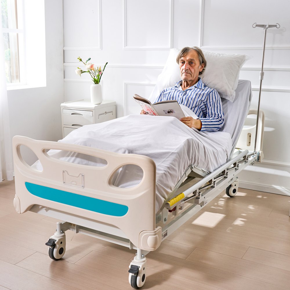 Cama de hospital eléctrica de 3 funciones de primera calidad de VEVOR, cama médica eléctrica para UCI con colchón y soporte para suero, controlador de mano y ruedas de bloqueo de 5 pulgadas para uso en el hospital doméstico, carga de 440 libras
