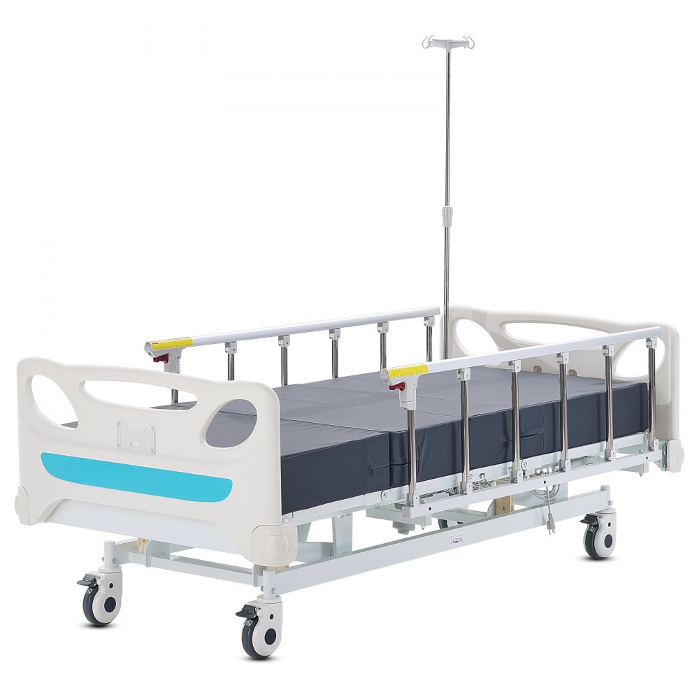 Cama de hospital eléctrica de 3 funciones de primera calidad de VEVOR, cama médica eléctrica para UCI con colchón y soporte para suero, controlador de mano y ruedas de bloqueo de 5 pulgadas para uso en el hospital doméstico, carga de 440 libras