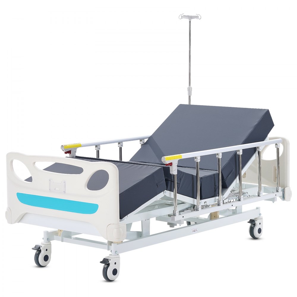 Cama de hospital eléctrica de 3 funciones de primera calidad de VEVOR, cama médica eléctrica para UCI con colchón y soporte para suero, controlador de mano y ruedas de bloqueo de 5 pulgadas para uso en el hospital doméstico, carga de 440 libras