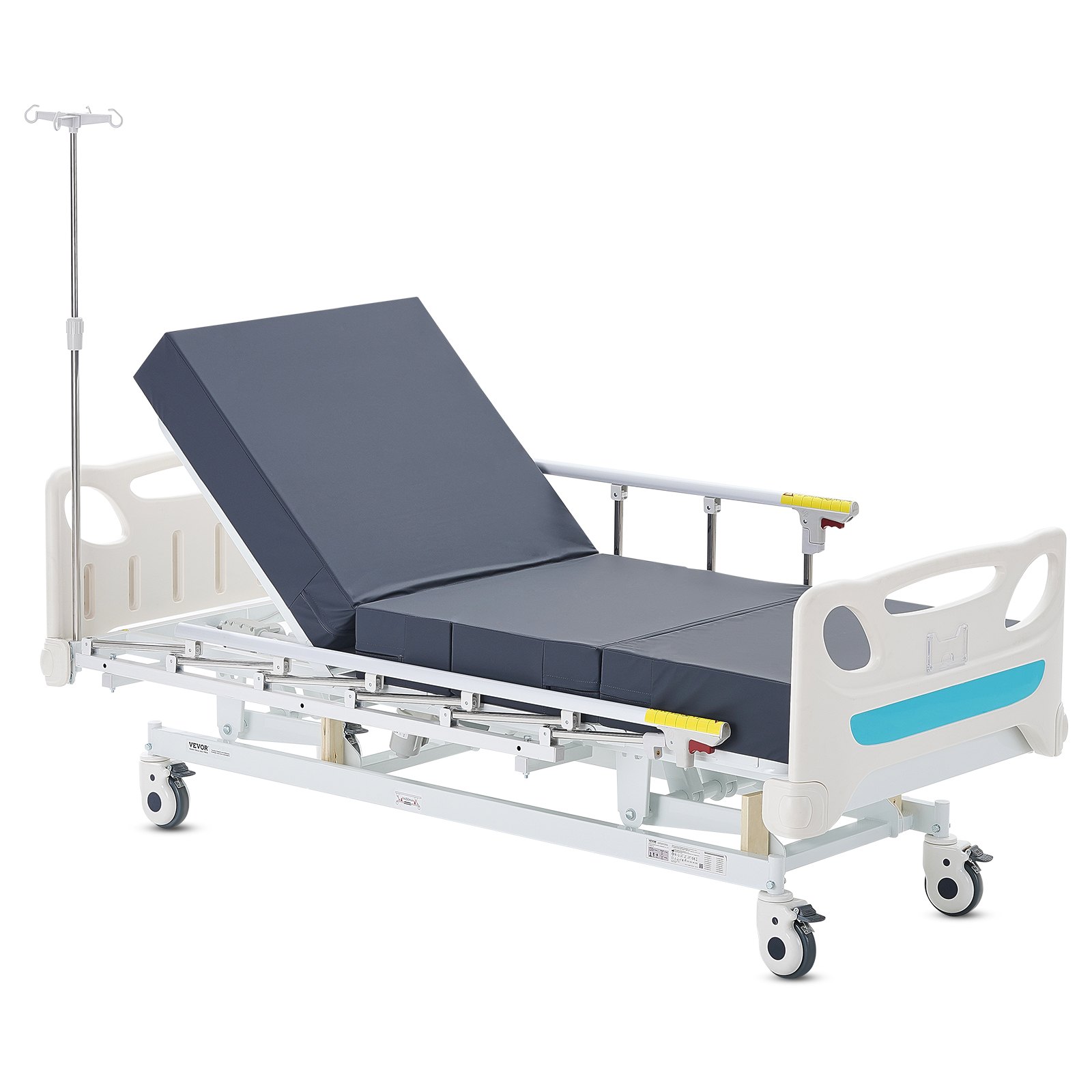 Cama de hospital eléctrica de 3 funciones de primera calidad de VEVOR, cama médica eléctrica para UCI con colchón y soporte para suero, controlador de mano y ruedas de bloqueo de 5 pulgadas para uso en el hospital doméstico, carga de 440 libras