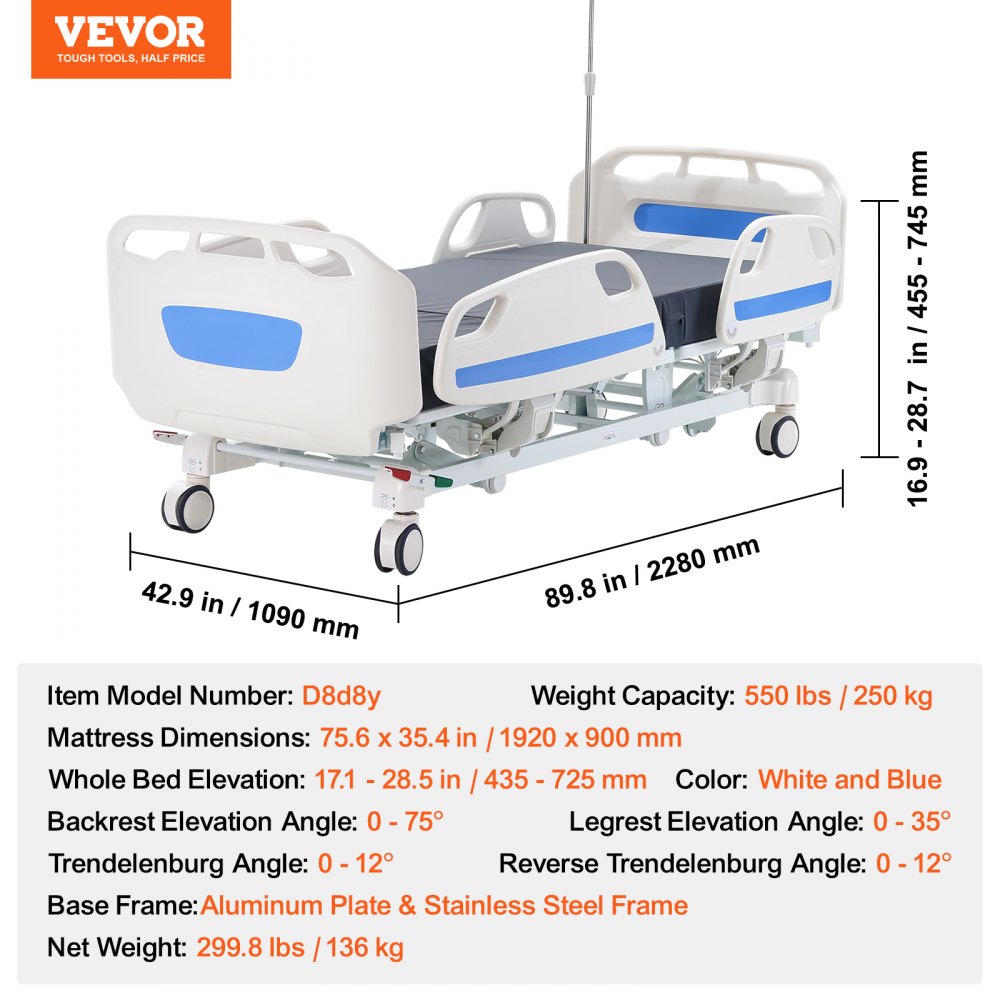 Cama de hospital eléctrica completa de 5 funciones premium VEVOR, cama médica eléctrica para UCI con Trendelenburg y Trendelenburg inverso, ruedas con bloqueo de 5 pulgadas, soporte para suero para uso hospitalario en el hogar, carga de 550 libras