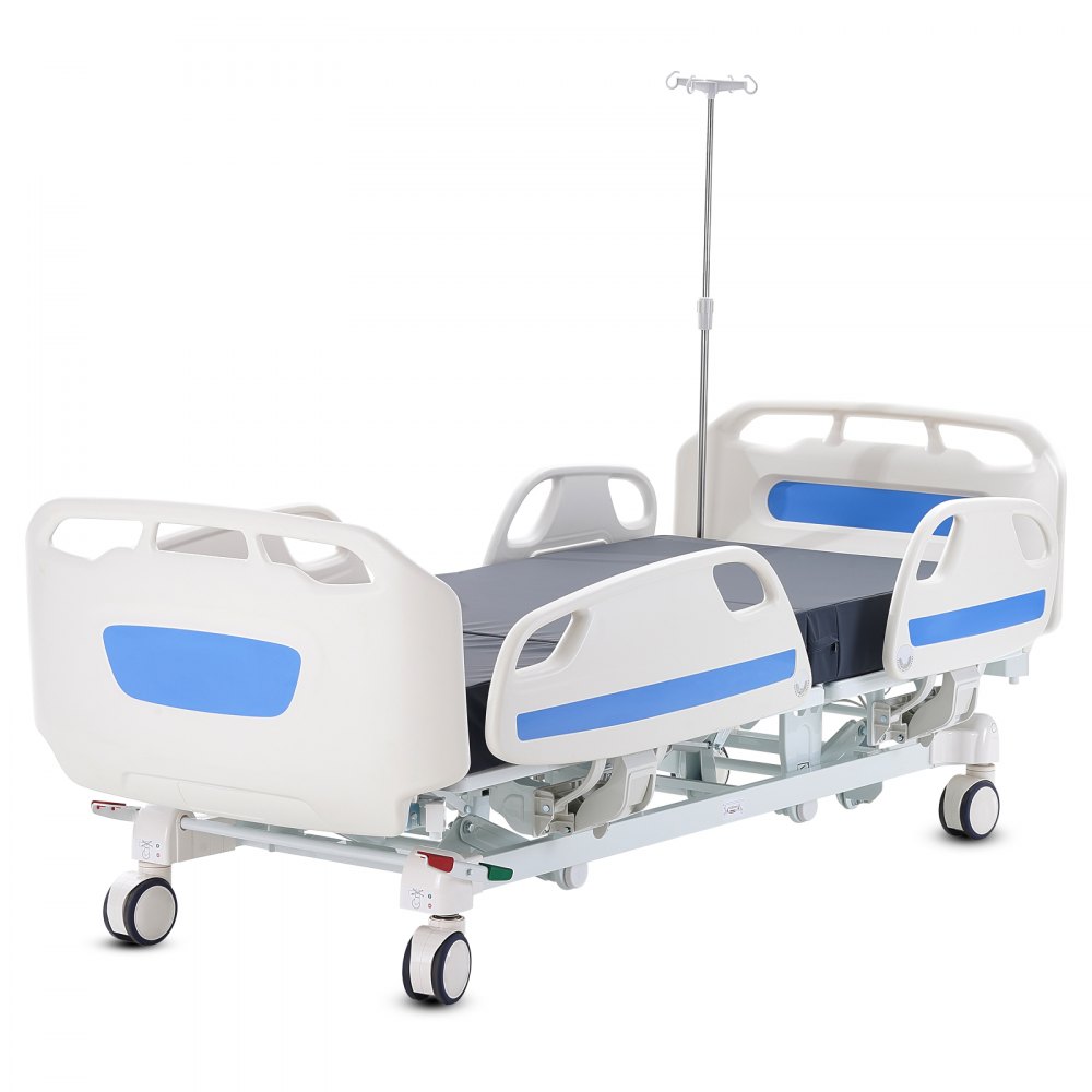 Cama de hospital eléctrica completa de 5 funciones premium VEVOR, cama médica eléctrica para UCI con Trendelenburg y Trendelenburg inverso, ruedas con bloqueo de 5 pulgadas, soporte para suero para uso hospitalario en el hogar, carga de 550 libras