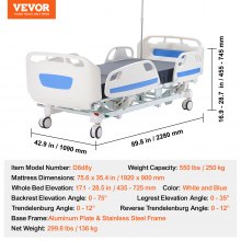 VEVOR Cama de Hospital Eléctrica Completa de UCI 2280 x 1090 x 430-730 mm Blanco