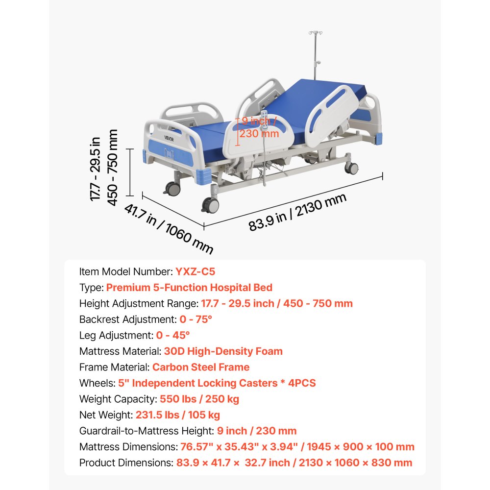 VEVOR Cama de Hospital Eléctrica de 5 Funciones con Trendelenburg y Ruedas con Bloqueo, Cama Médica con Colchón de Alta Densidad para Hospitalización Doméstica, Carga de 250 kg, 213 x 106 x 45-75 cm