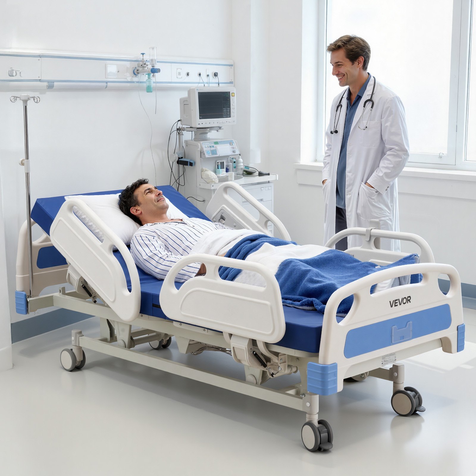VEVOR Cama de Hospital Eléctrica de 5 Funciones con Trendelenburg y Ruedas con Bloqueo, Cama Médica con Colchón de Alta Densidad para Hospitalización Doméstica, Carga de 250 kg, 213 x 106 x 45-75 cm