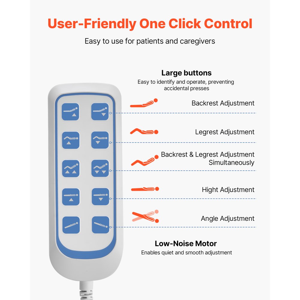 VEVOR Cama de Hospital Eléctrica de 5 Funciones, con Sistema de Cierre Centralizado y Trendelenburg, Cama Médica con Ruedas para Hospitalización en Easa, Capacidad de 250 kg, 217 x 108 x 47-76 cm
